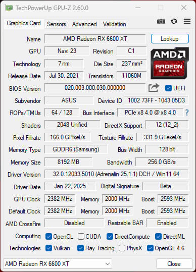 ASUS Dual AMD Radeon RX 6600 XT OC Edition 8GB GDDR6 Gaming Graphics Card