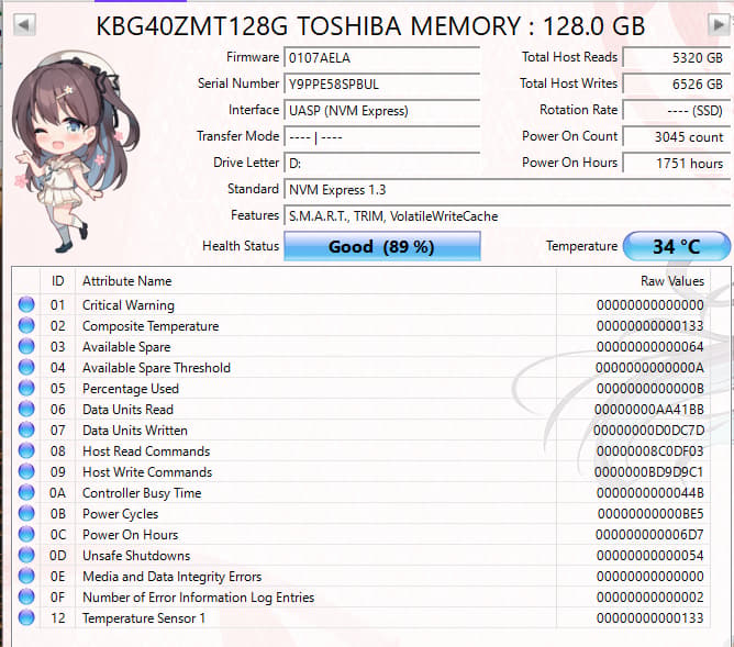 Toshiba 128GB NVMe SSD Tested Working 89% Health M.2