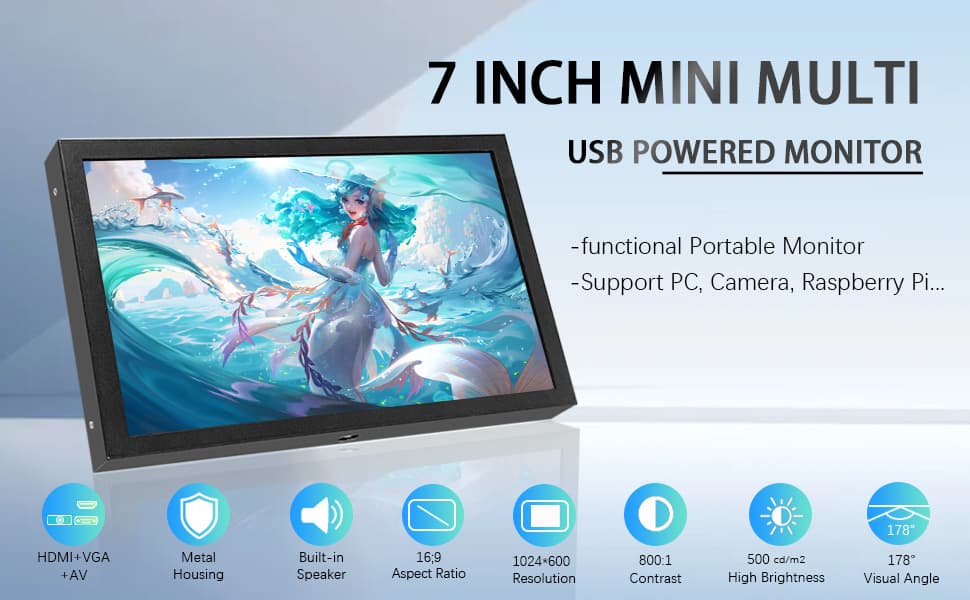 7 Inch Mini Monitor | HDMI | Built in Speakers | VGA