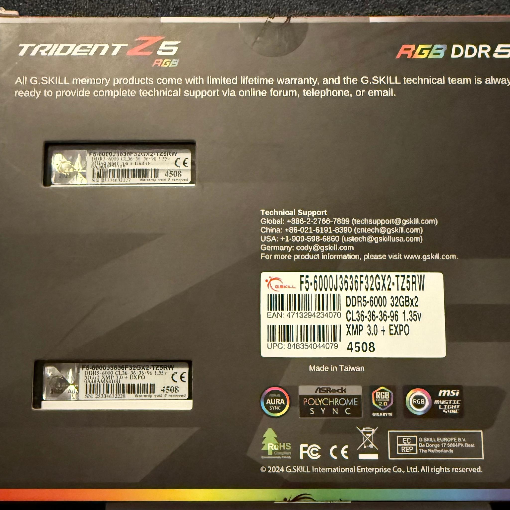 G.SKILL Trident Z5 RGB 64GB (2x32GB) DDR5 6000MHz CL36 White Ram
