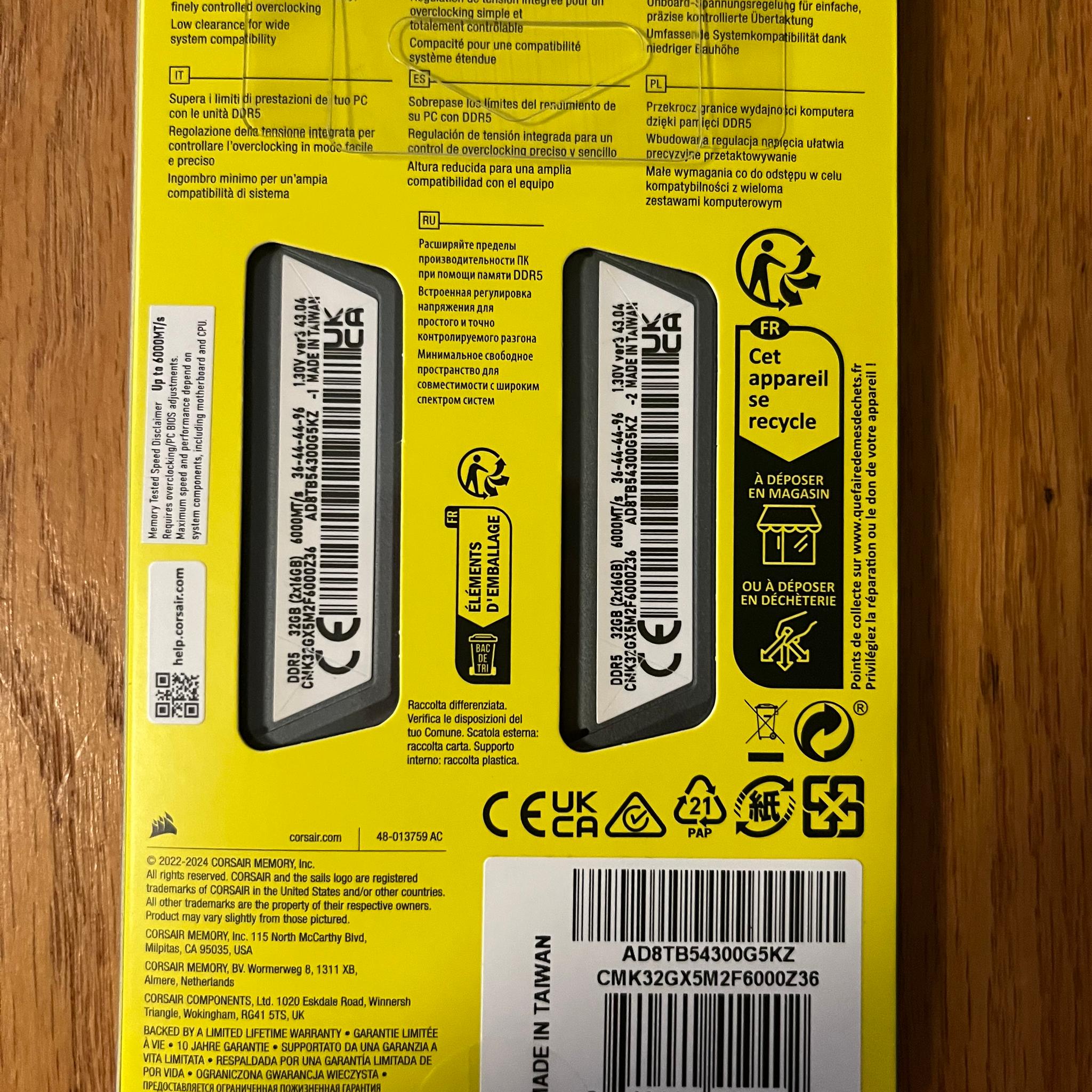 32GB(2x16GB) 6000 CL36 Corsair Vengeance DDR5 RAM