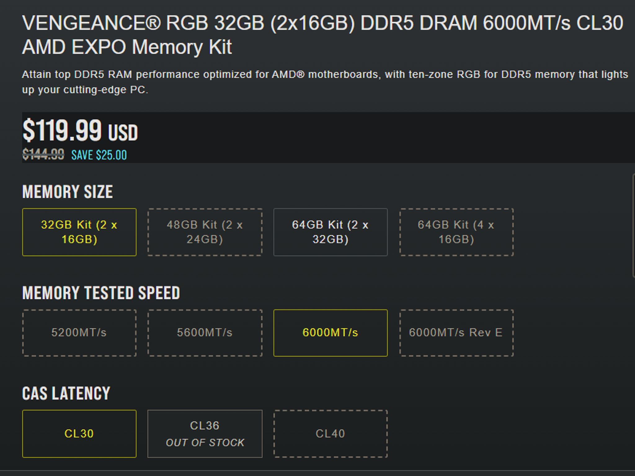VENGEANCE® RGB 32GB (2x16GB) DDR5 DRAM 6000MT/s CL30 AMD EXPO Memory Kit
