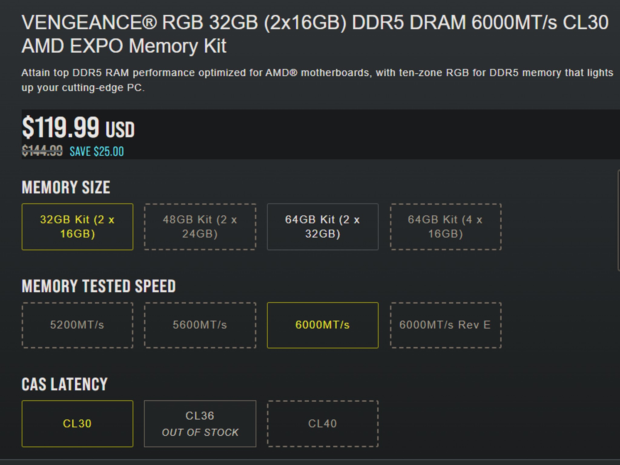 VENGEANCE® RGB 32GB (2x16GB) DDR5 DRAM 6000MT/s CL30 AMD EXPO Memory Kit