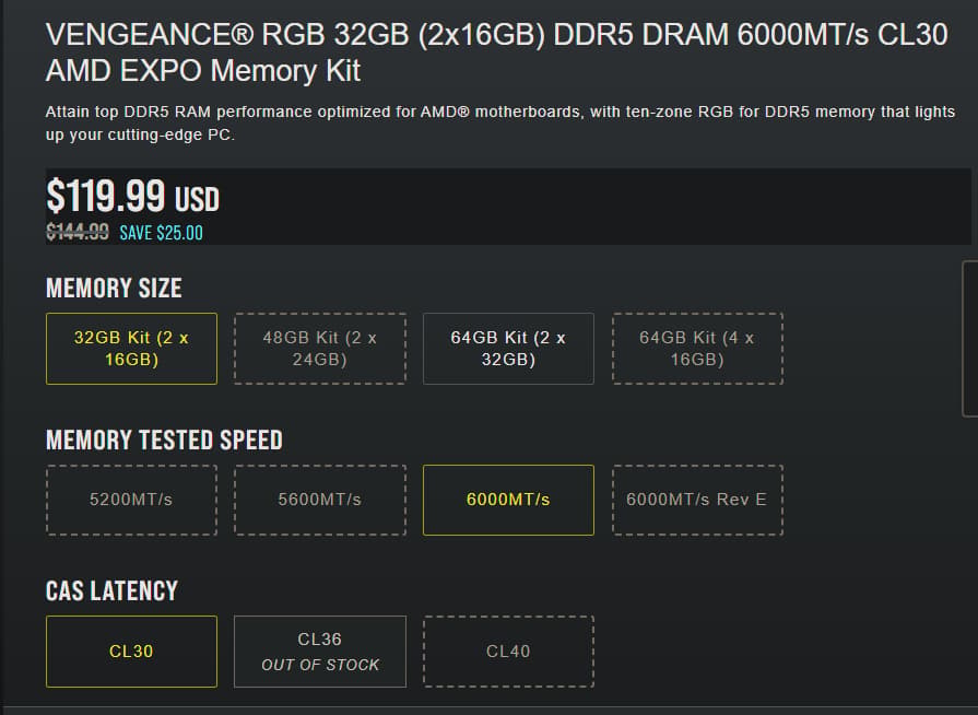 VENGEANCE® RGB 32GB (2x16GB) DDR5 DRAM 6000MT/s CL30 AMD EXPO Memory Kit