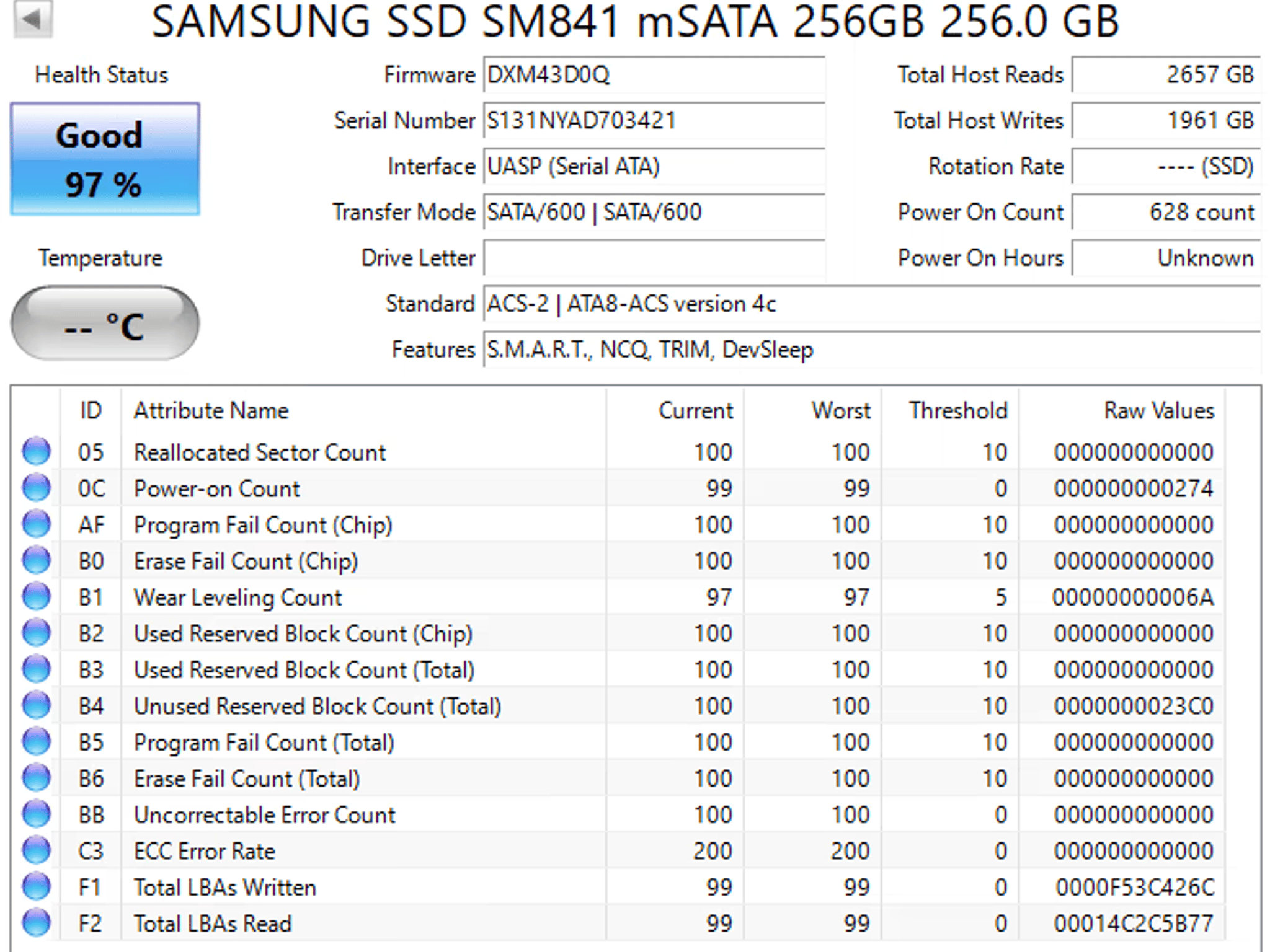 256GB mSATA Samsung SM841 mSATA SSD Solid State Drive - 97% health