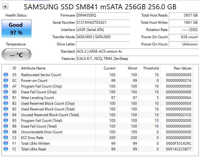 256GB mSATA Samsung SM841 mSATA SSD Solid State Drive - 97% health