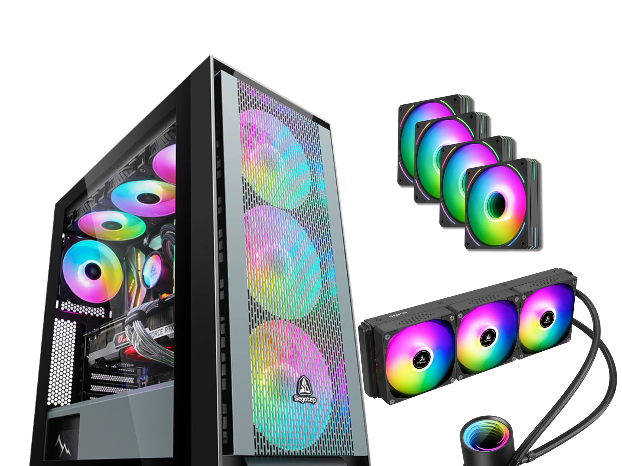 COMBO! SEGOTEP  Gank 360 ATX CASE  | Magnetic Front Panel| FROZEN 360 cooler with 4 HQ ARGB FANS