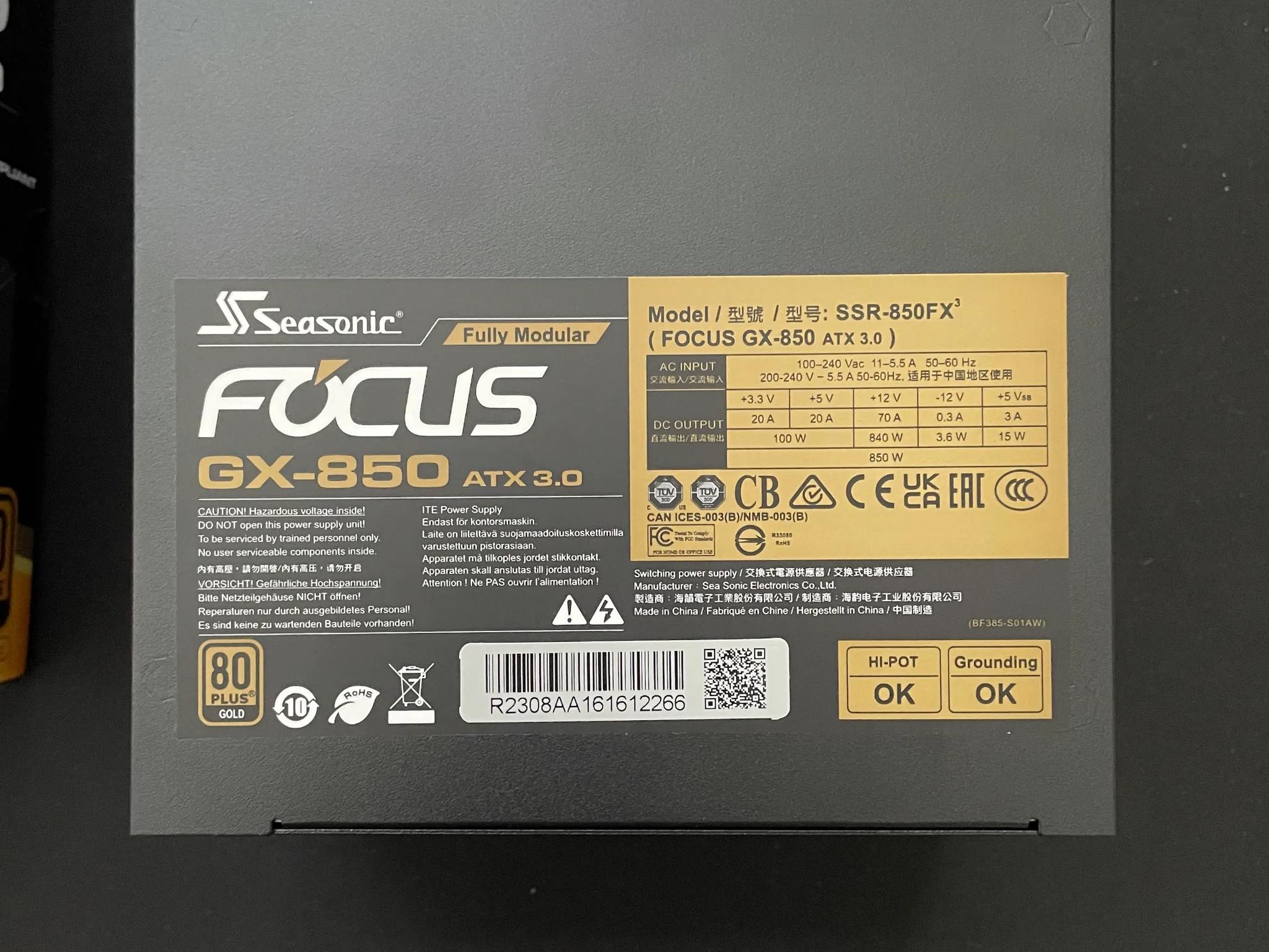 SeaSonic Focus V3 GX-850 ATX 3.0 & PCIE 5.0 Fully Modular Power Supply 80+ Gold