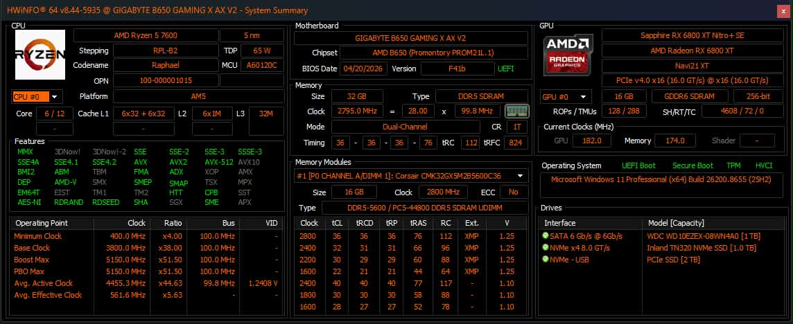Sapphire Nitro+ RX 6800 XT Ryzen 5 7600 AM5 Gaming PC 32GB DDR5 WiFi 6