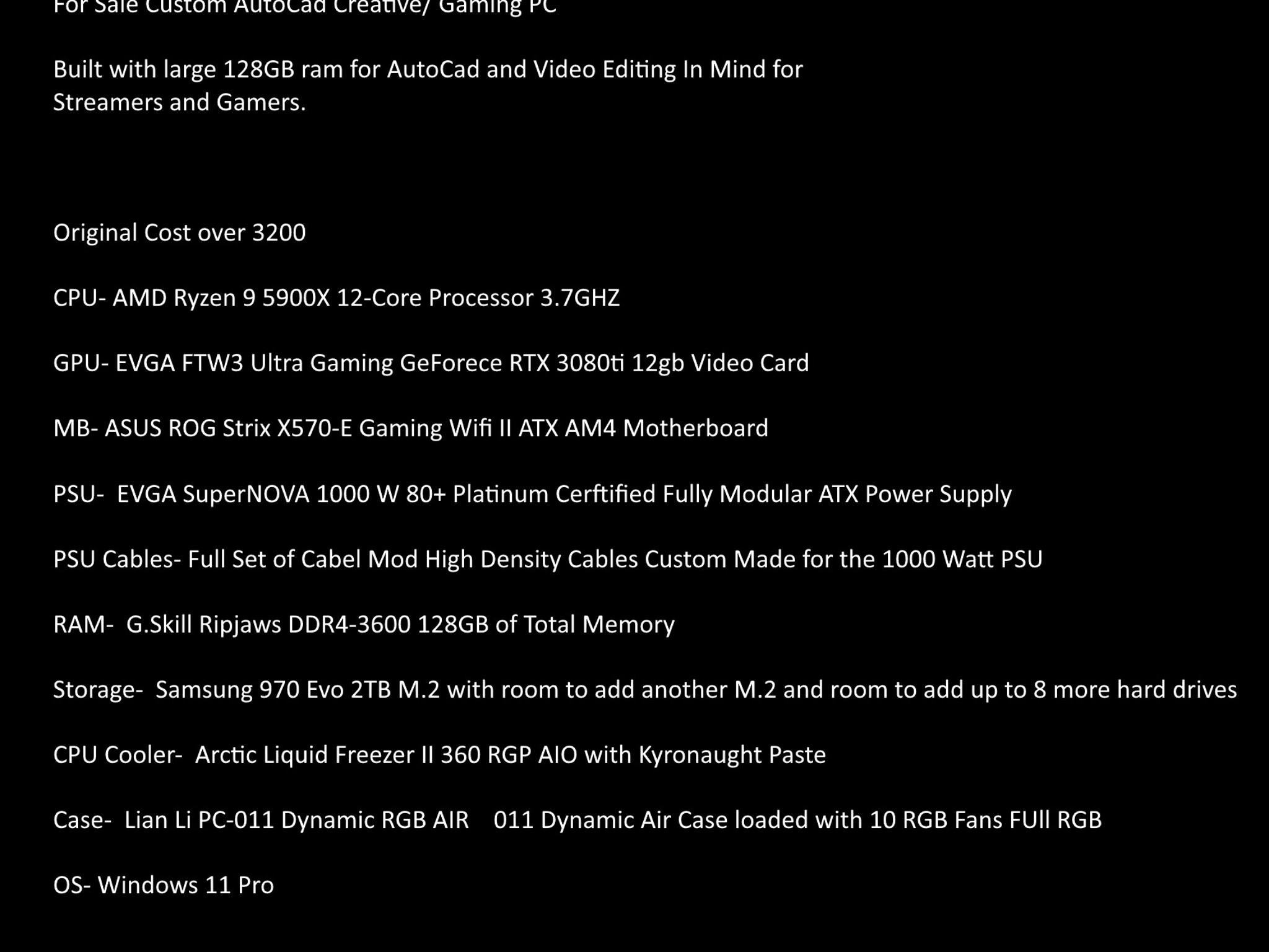 3080ti 5900x AutoCad Creative/ Gaming PC 128GB ram for AutoCad and Gaming