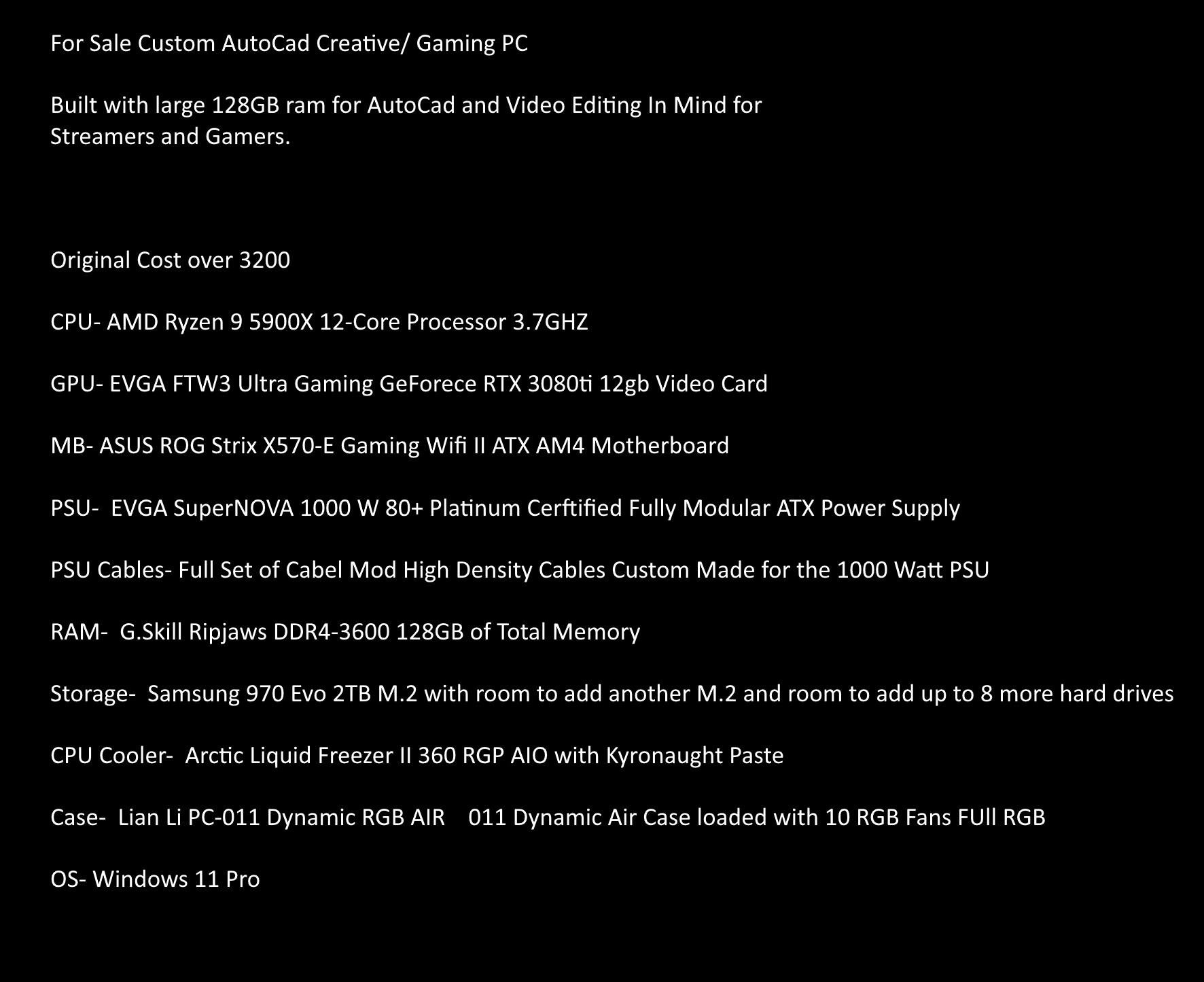 3080ti 5900x AutoCad Creative/ Gaming PC 128GB ram for AutoCad and Gaming