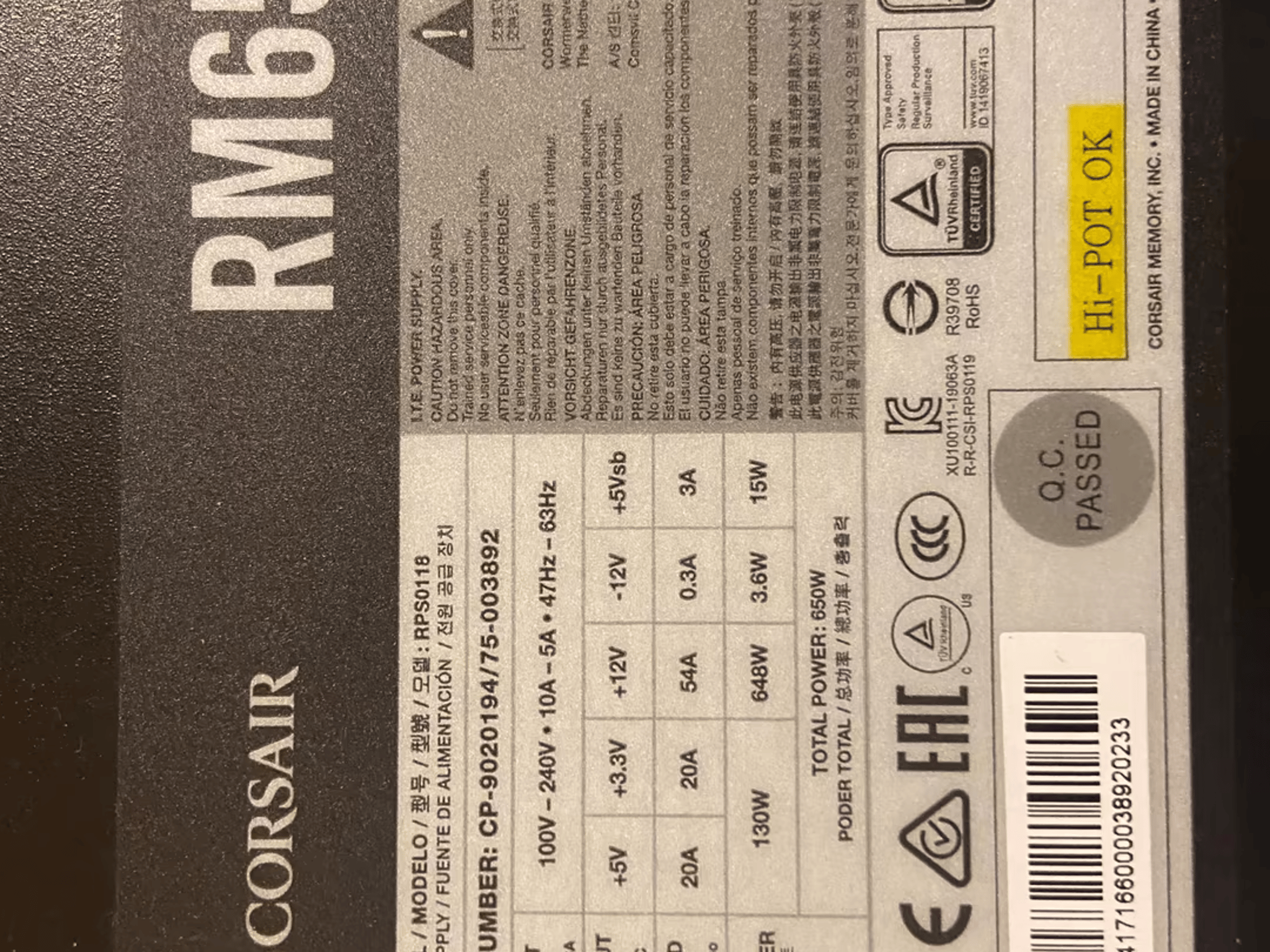 BNOB Corsair RM650 Gold 80+ atx power supply