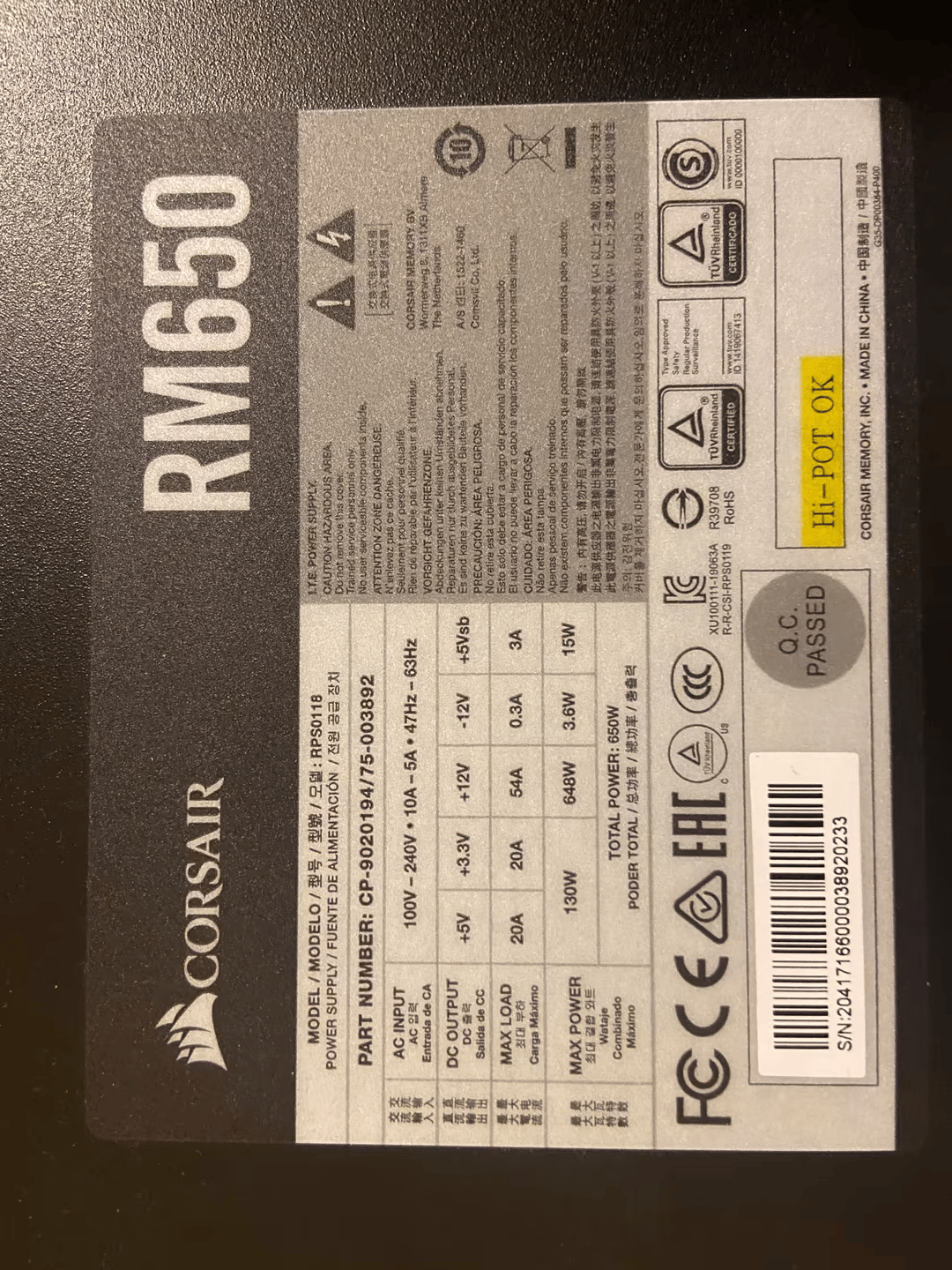 BNOB Corsair RM650 Gold 80+ atx power supply