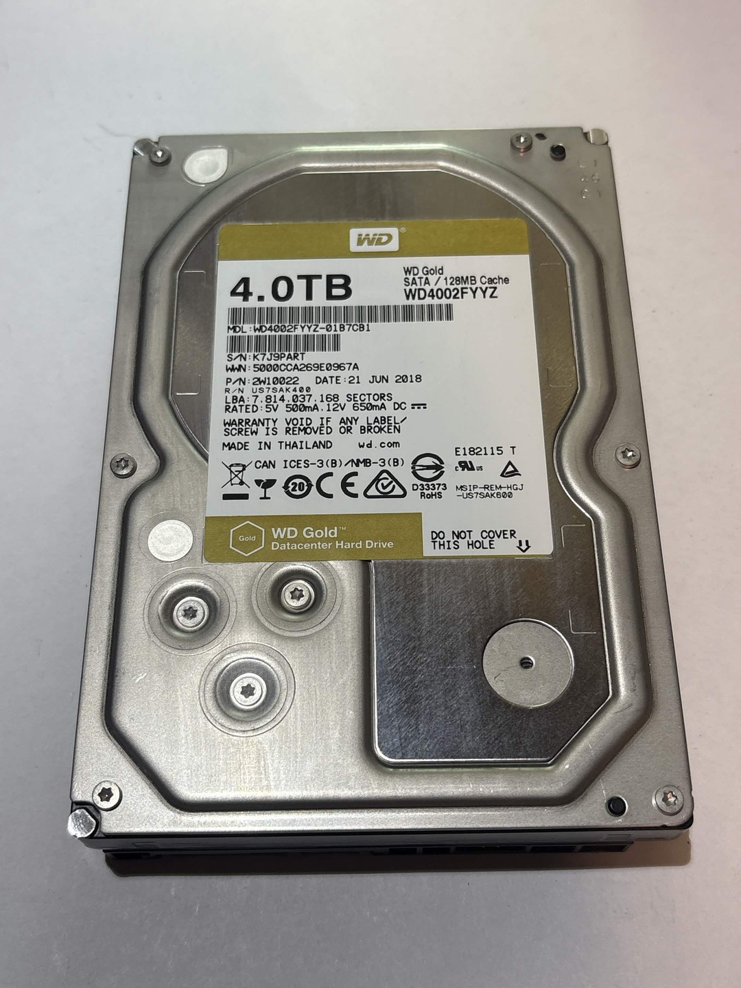 「ゴールドディスク」 WD Gold 4TB WD4002FYYZ 7200RPM SATA Enterprise HDD – 62,497 Hours