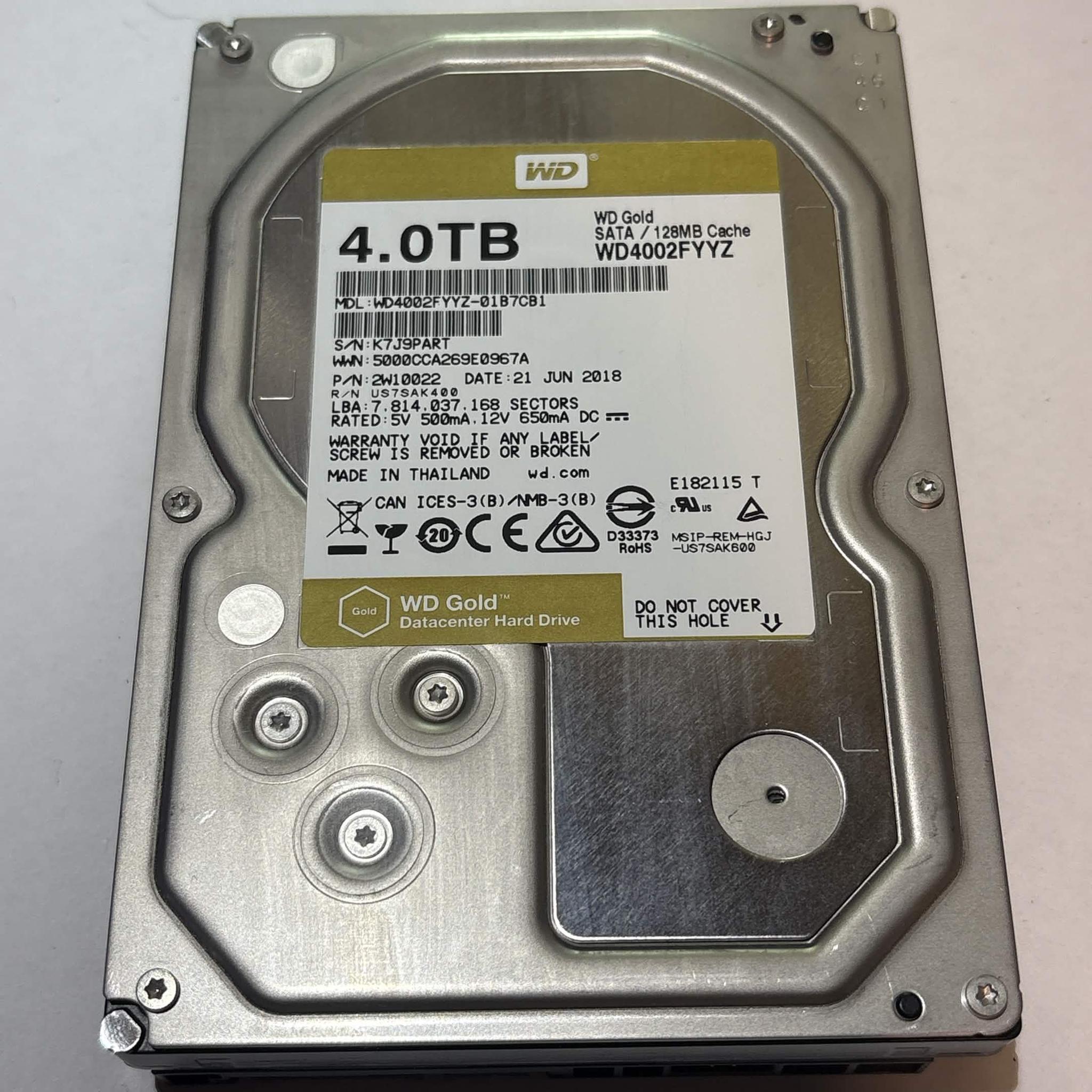 WD Gold 4TB WD4002FYYZ 7200RPM SATA Enterprise HDD – 62,497 Hours – SMART Good