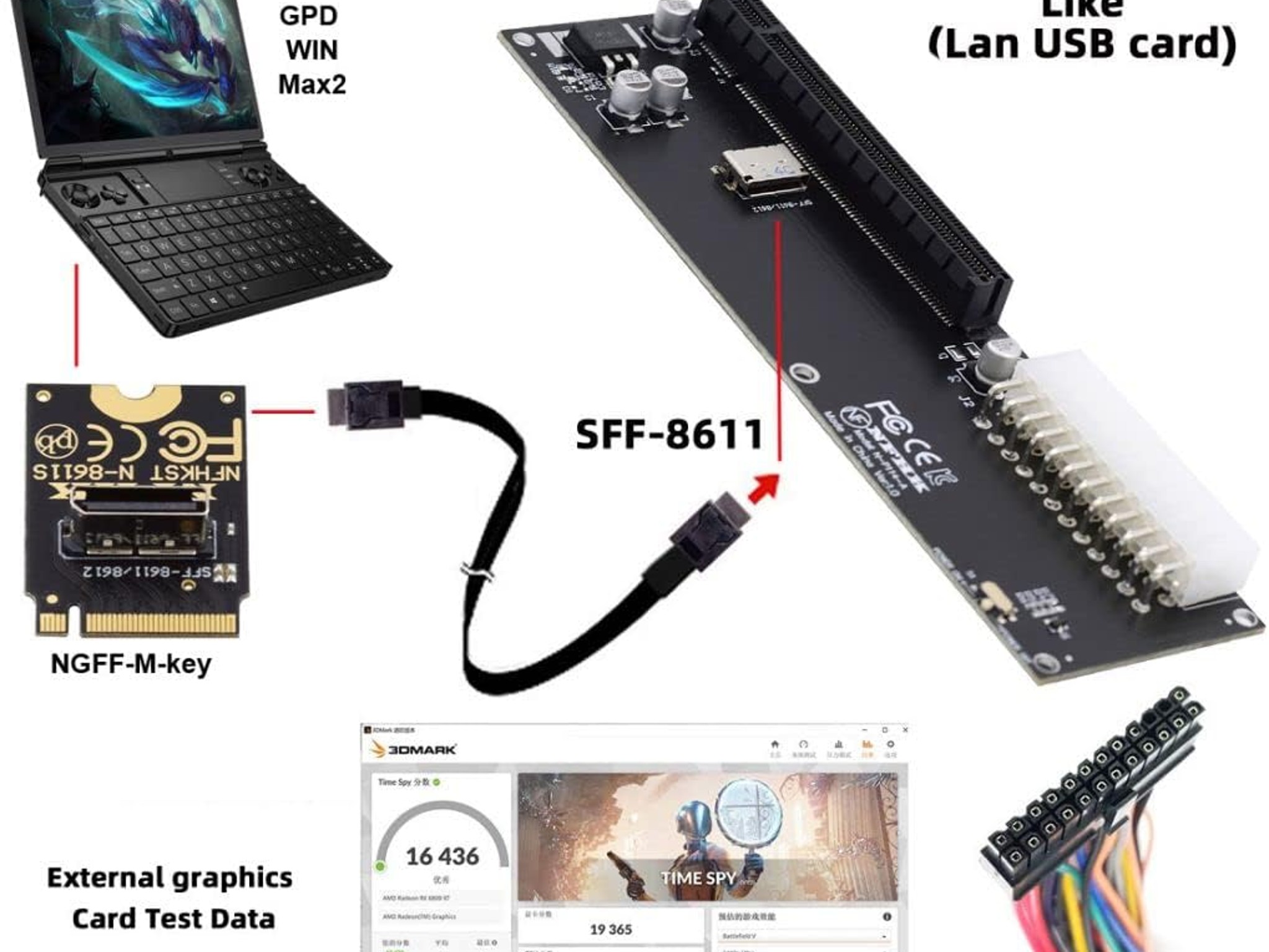 Oculink SFF-8612 to PCI-E 3.0 4.0 M.2 M-Key to SFF-8611 Host Adapter for eGPU GPD W Cabe 32Gb/s