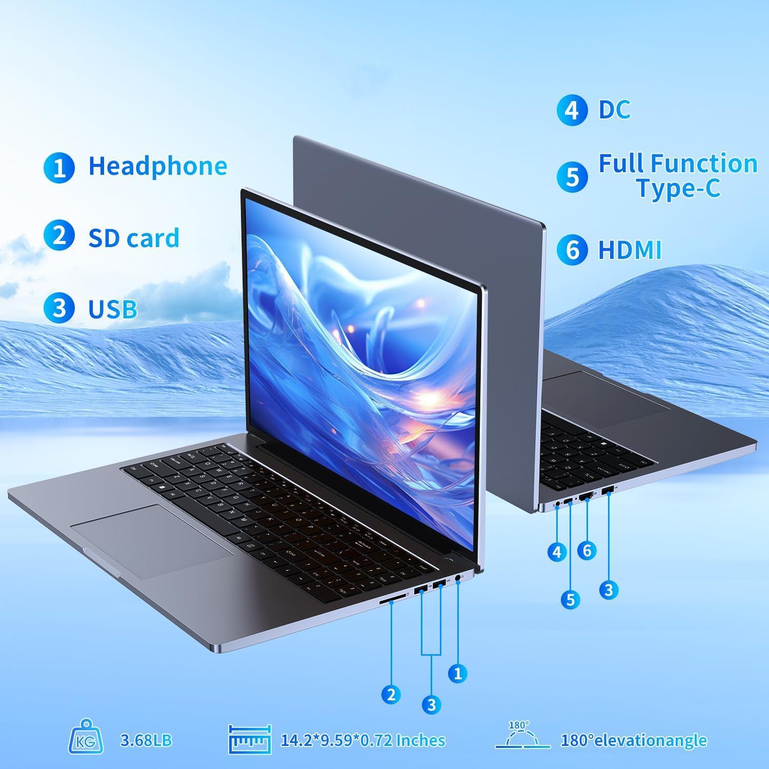 16 inch Laptop, 16GB DDR4 512GB SSD, Intel Quad-Core N95 Processor (up to 3.4Ghz) Windows 11 Pro