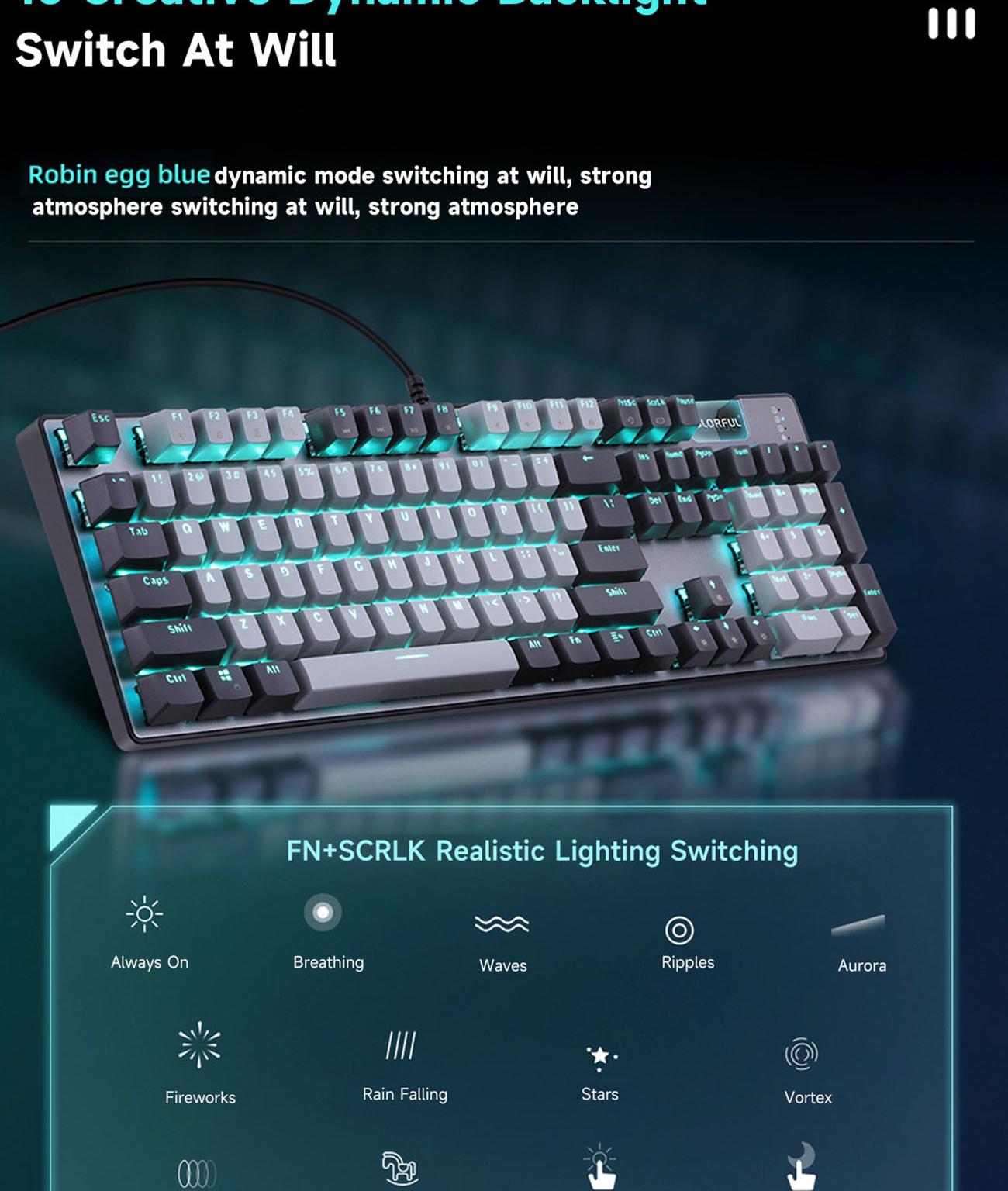 Colorful CGK100 RGB Mechanical Gaming Keyboard, USB Backlit LED 104 Keys Wired Mechanical