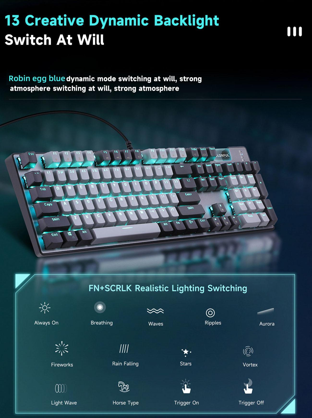 Colorful CGK100 RGB Mechanical Gaming Keyboard, USB Backlit LED 104 Keys Wired Mechanical