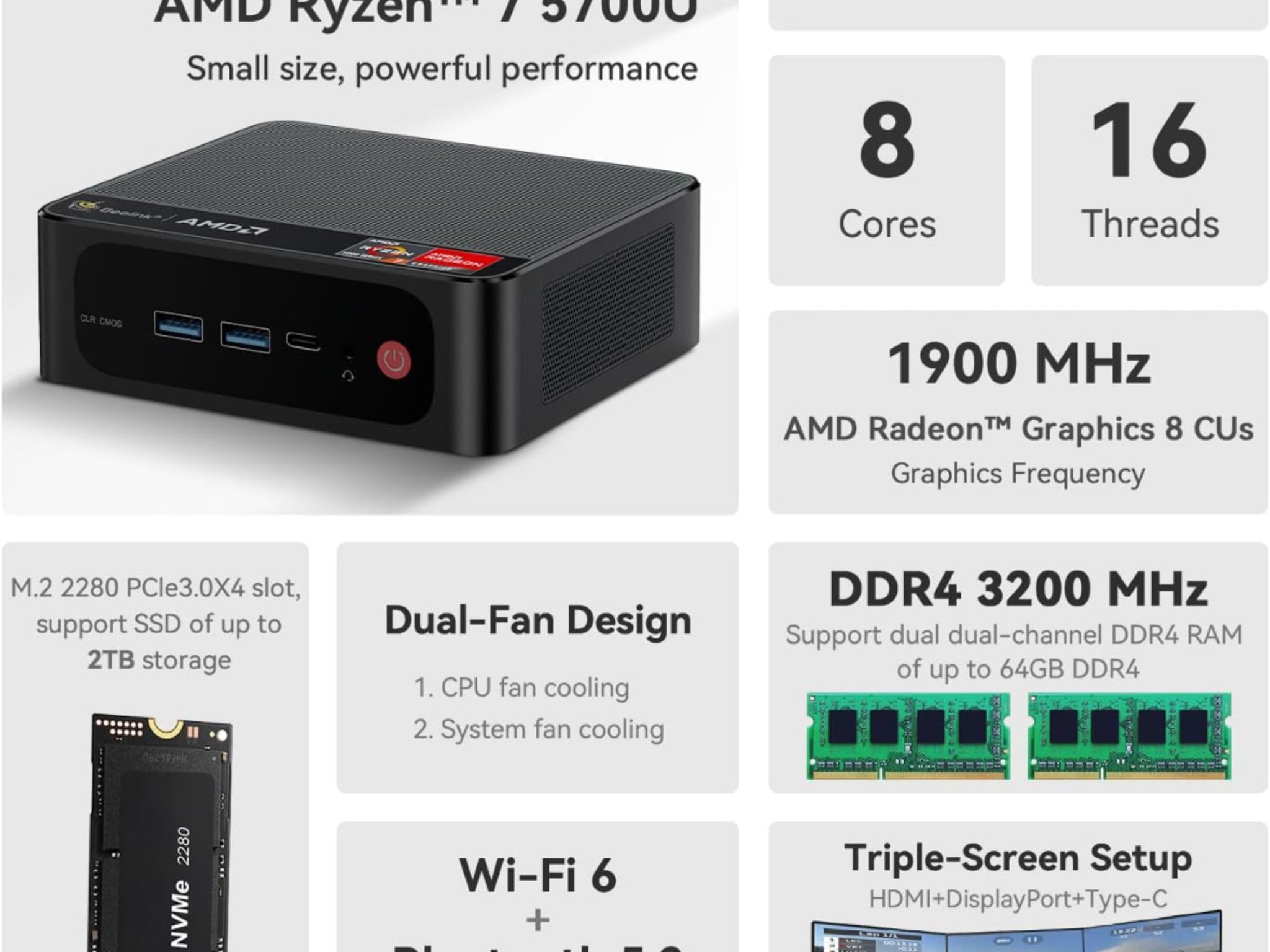 Beelink Mini PC, AMD Ryzen 7 5700U 16GB DDR4 RAM 1TB NVMe M.2 SSD, Mini PC