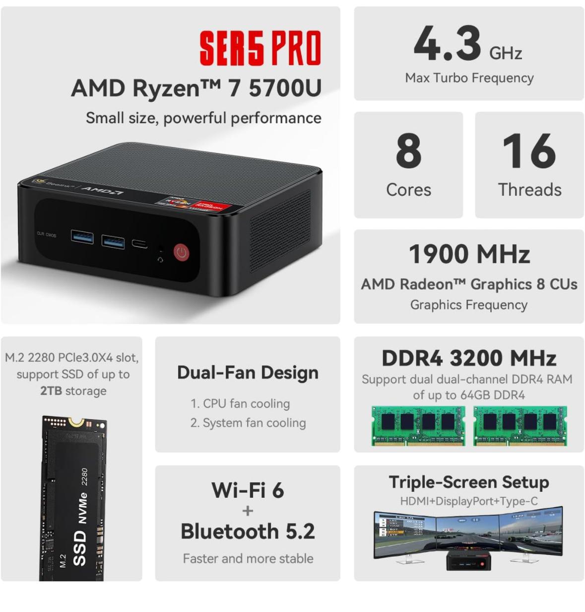 Beelink Mini PC, AMD Ryzen 7 5700U 16GB DDR4 RAM 1TB NVMe M.2 SSD, Mini PC