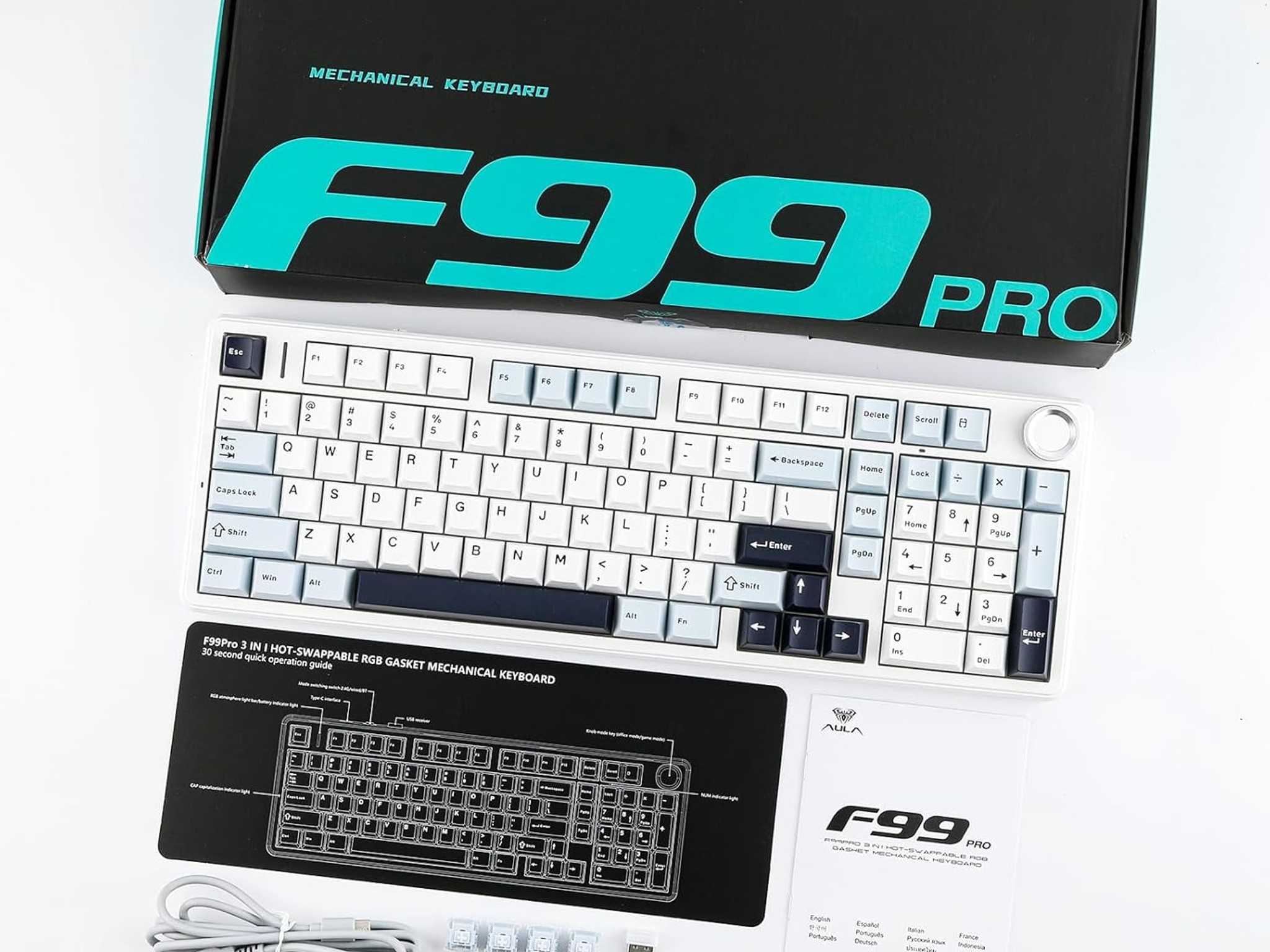 AULA F99 PRO (BRAND NEW) Blue White, Wireless Mechanical 95% LEOBOG Nimbus Switches w/ Knob