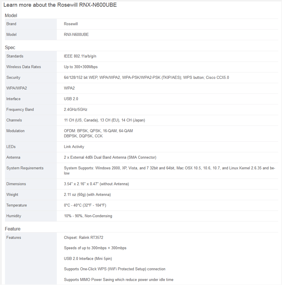 Rosewill RNX-N600UBE Dual-Band WiFi USB WIRELESS ADAPTER