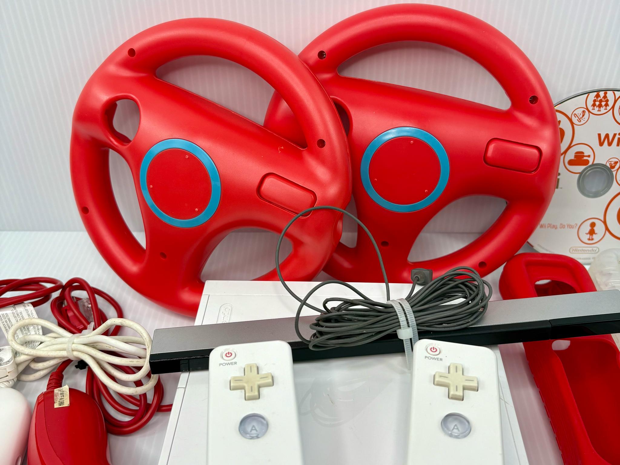 Nintendo Wii RVL-001 Console Bundle 2 Remotes 3 Nunchuks Wheels WiiPlay - Tested