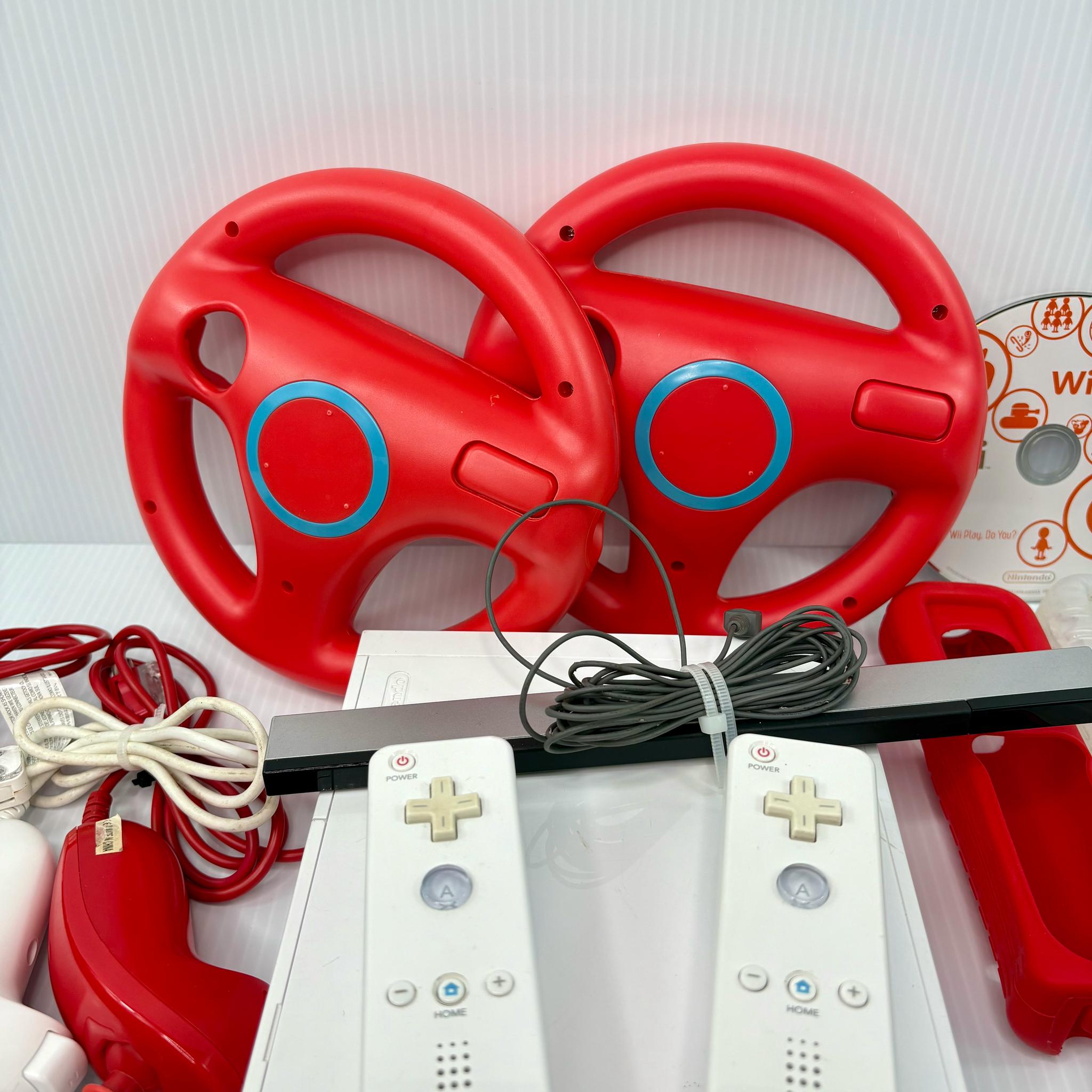 Nintendo Wii RVL-001 Console Bundle 2 Remotes 3 Nunchuks Wheels WiiPlay - Tested