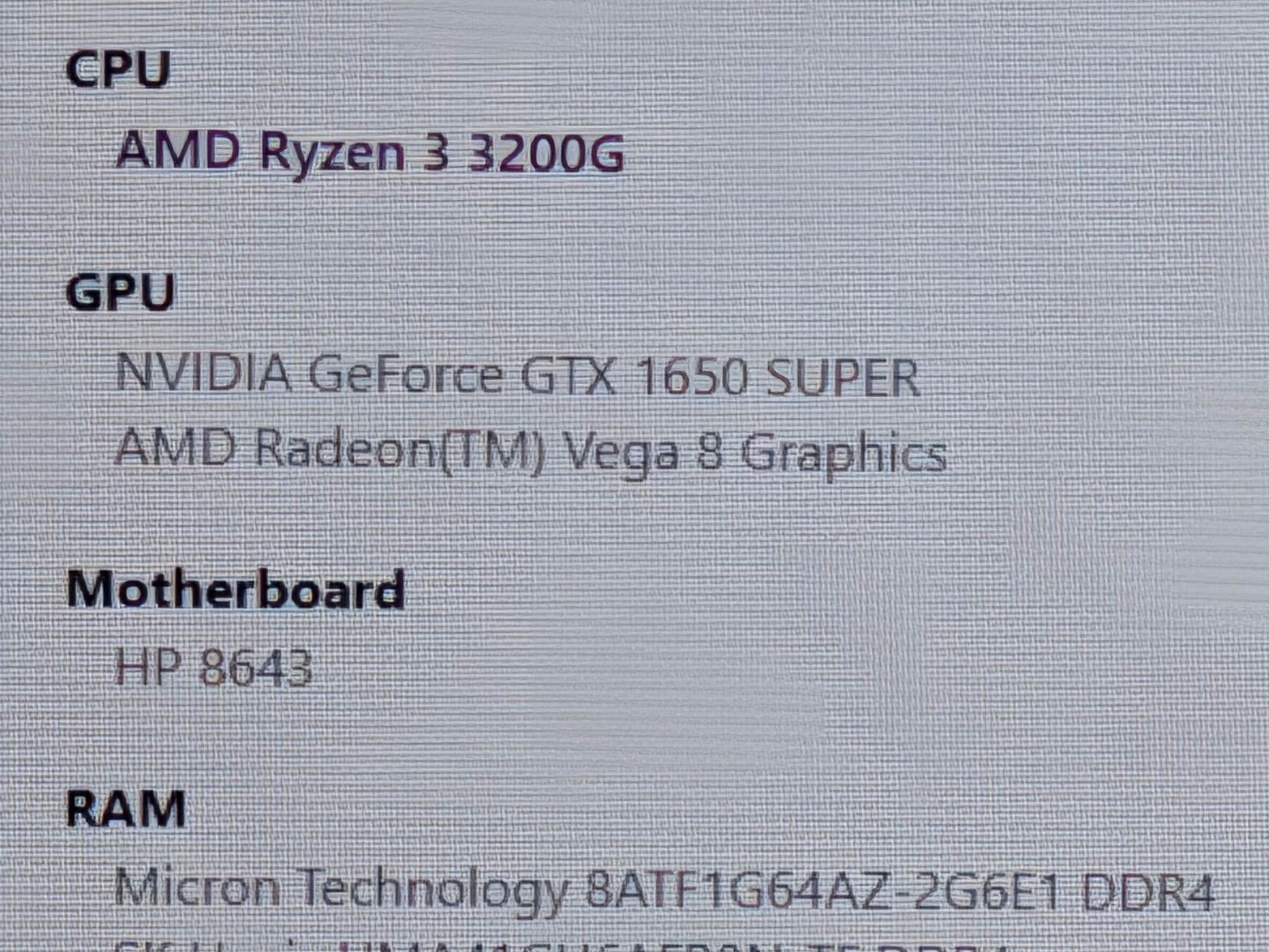 HP Gaming PC (Ryzen 3 3200g/GTX 1650 Super/16GB/256GB NVME + 250GB HDD)