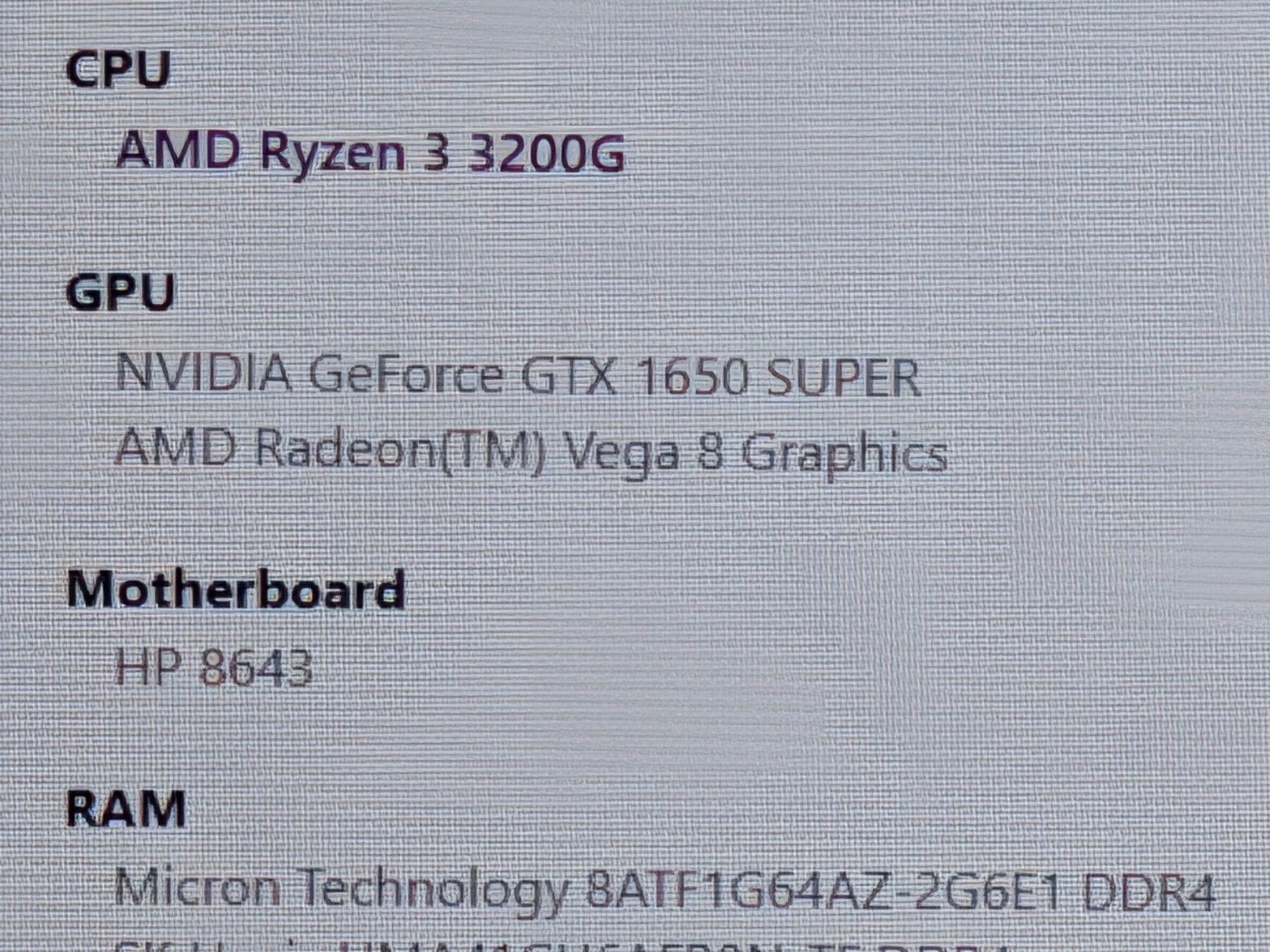 HP Gaming PC (Ryzen 3 3200g/GTX 1650 Super/16GB/256GB NVME + 250GB HDD)