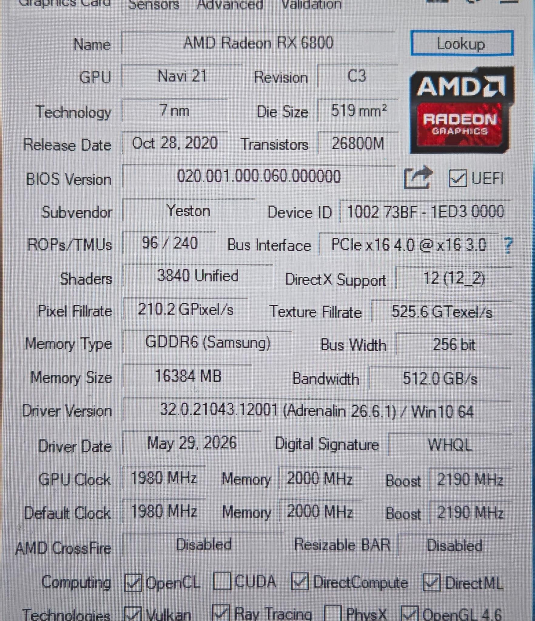 Yeston Sakura AMD Radeon RX 6800 16GB (Single Owner)