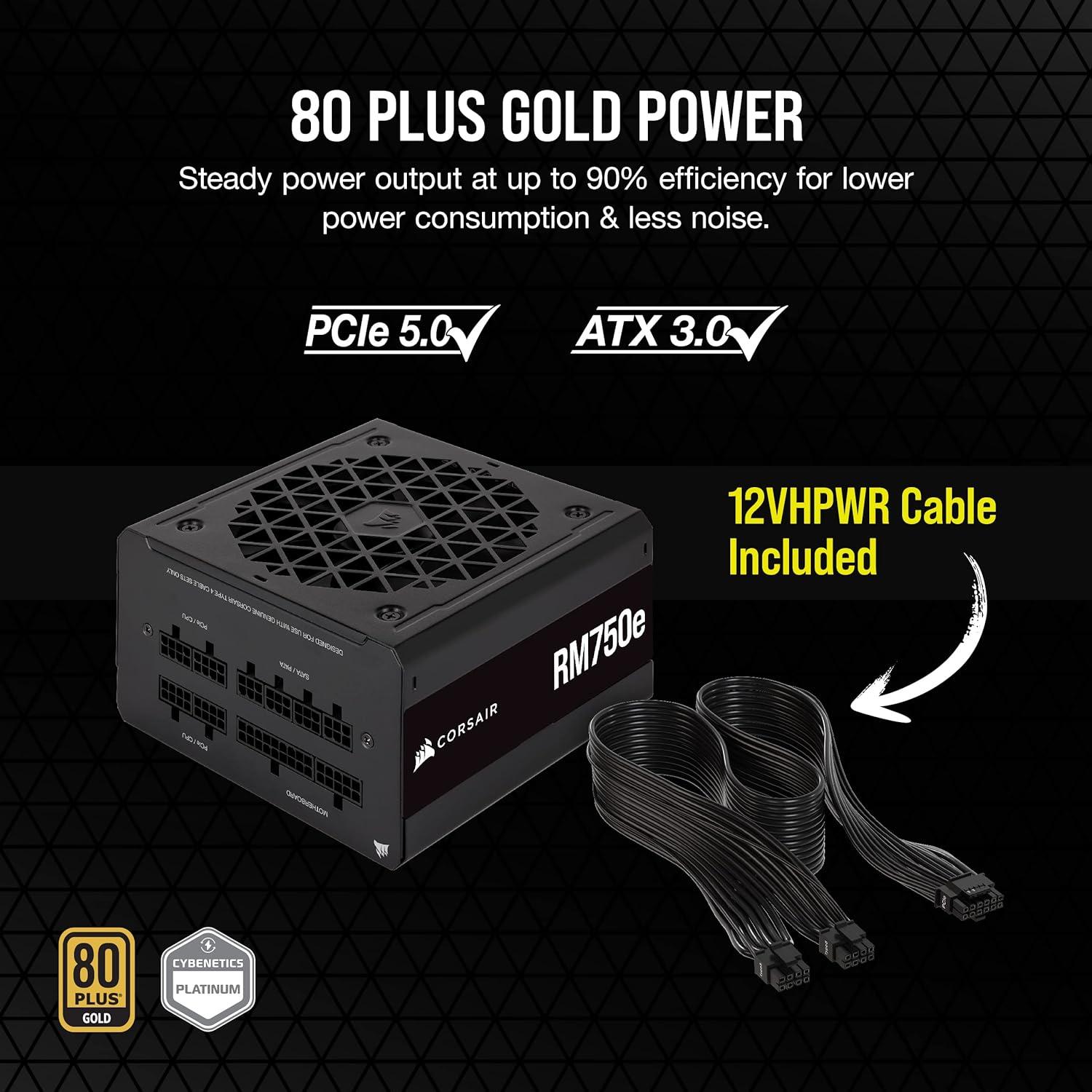Corsair RM750e Fully Modular - ATX 3.0 & PCIe 5.0 Compliant - 80 Plus Gold Efficiency - Black