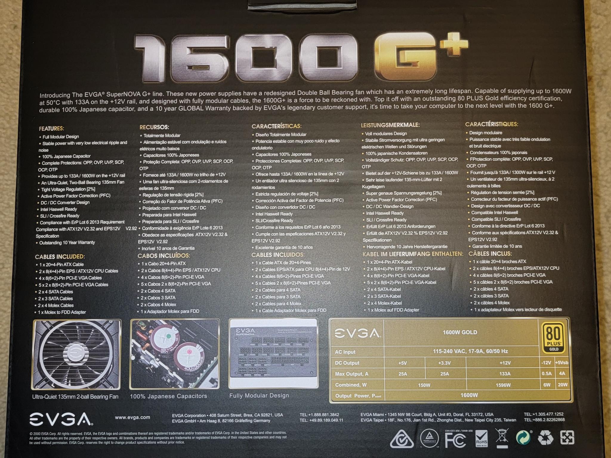 EVGA Supernova 1600W G+ 80+ Gold Fully Modular Power Supply Like New With Original Box & All Cables
