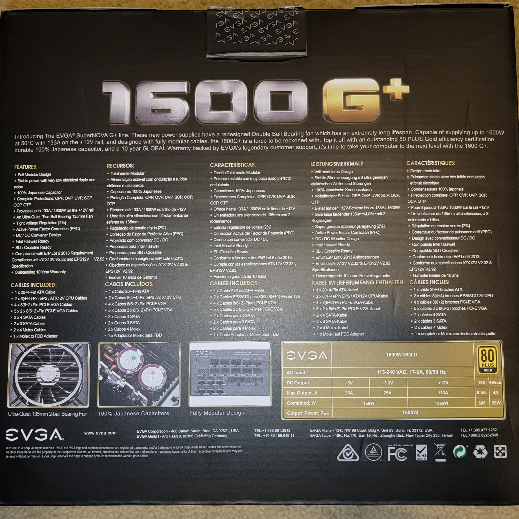 EVGA Supernova 1600W G+ 80+ Gold Fully Modular Power Supply Like New With Original Box & All Cables