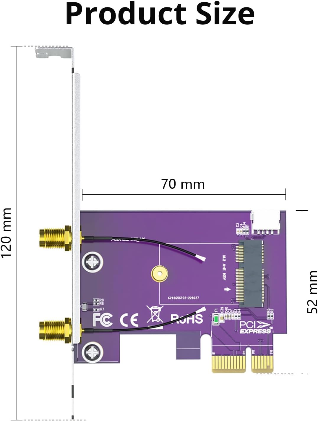 PCIe x1 to M.2 WiFi Bluetooth Adapter Card Supports A+E Key NGFF Modules 2.4GHz 5GHz 5dBi Antennas