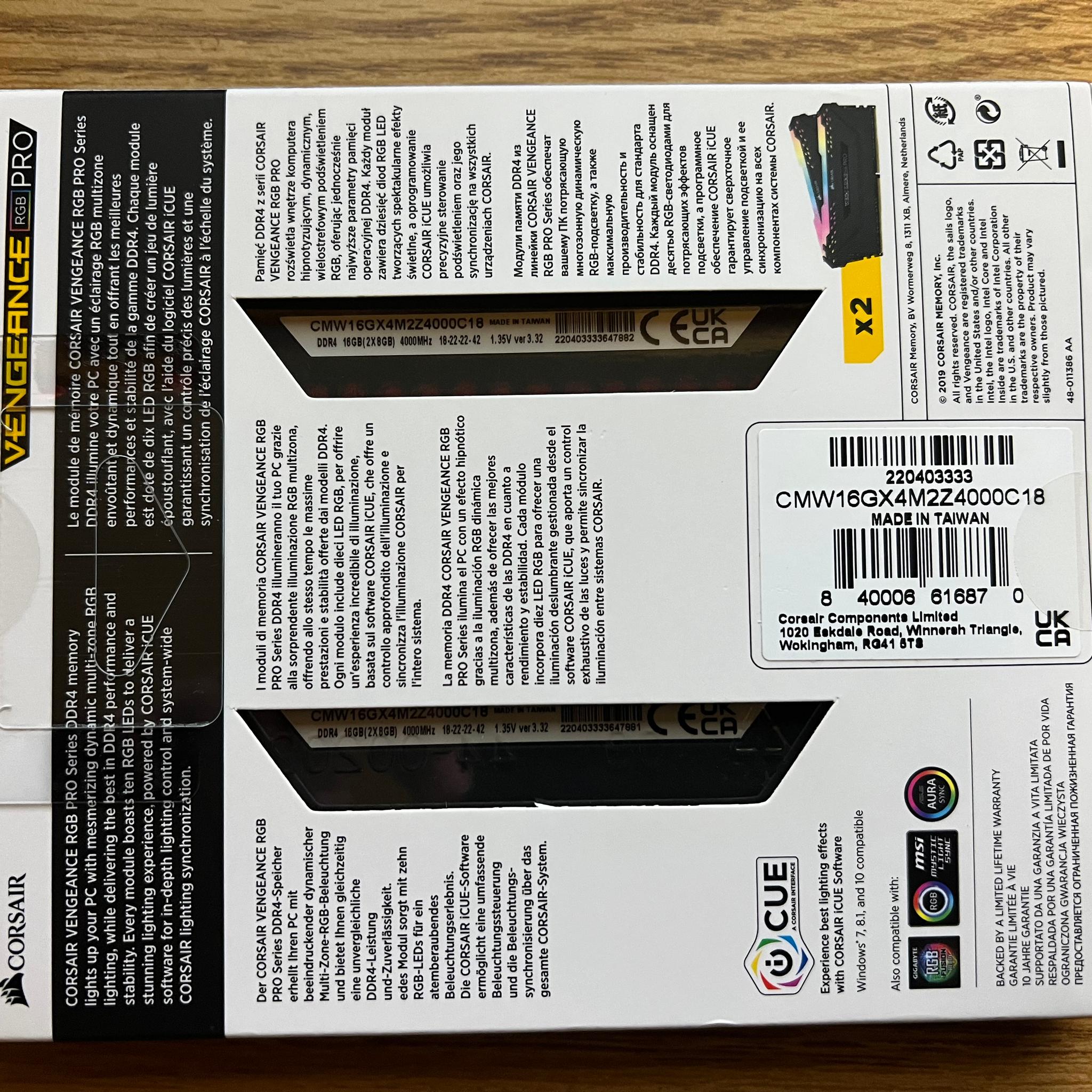 NEW in BOX 16GB (2x8GB) DDR4-4000MHz CL18 Corsair Vengeance RGB RAM Memory