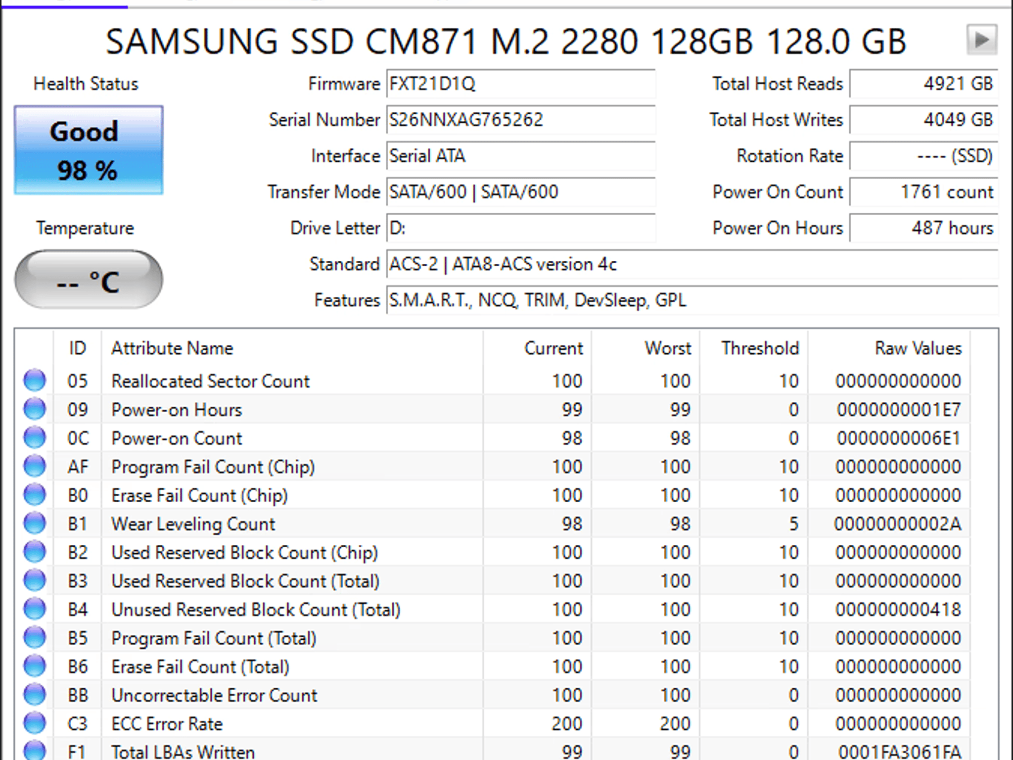 Samsung CM871 M.2 SATA 128GB SSD