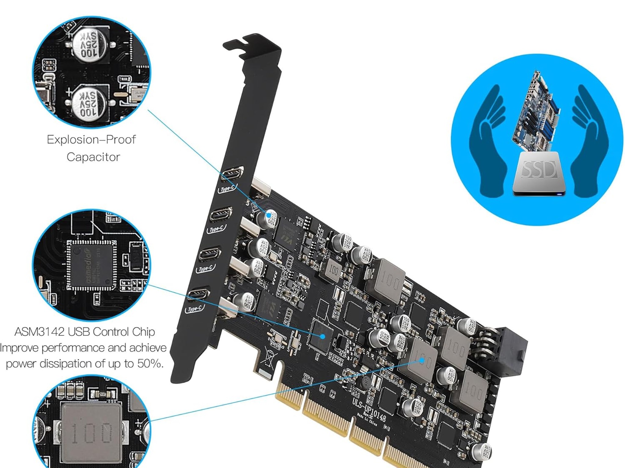 USB PCIe 4 USB Type-C Ports PCIe USB 3.1 (USB 3.2 Gen 2) with 10 Gbps Power Delivery Card