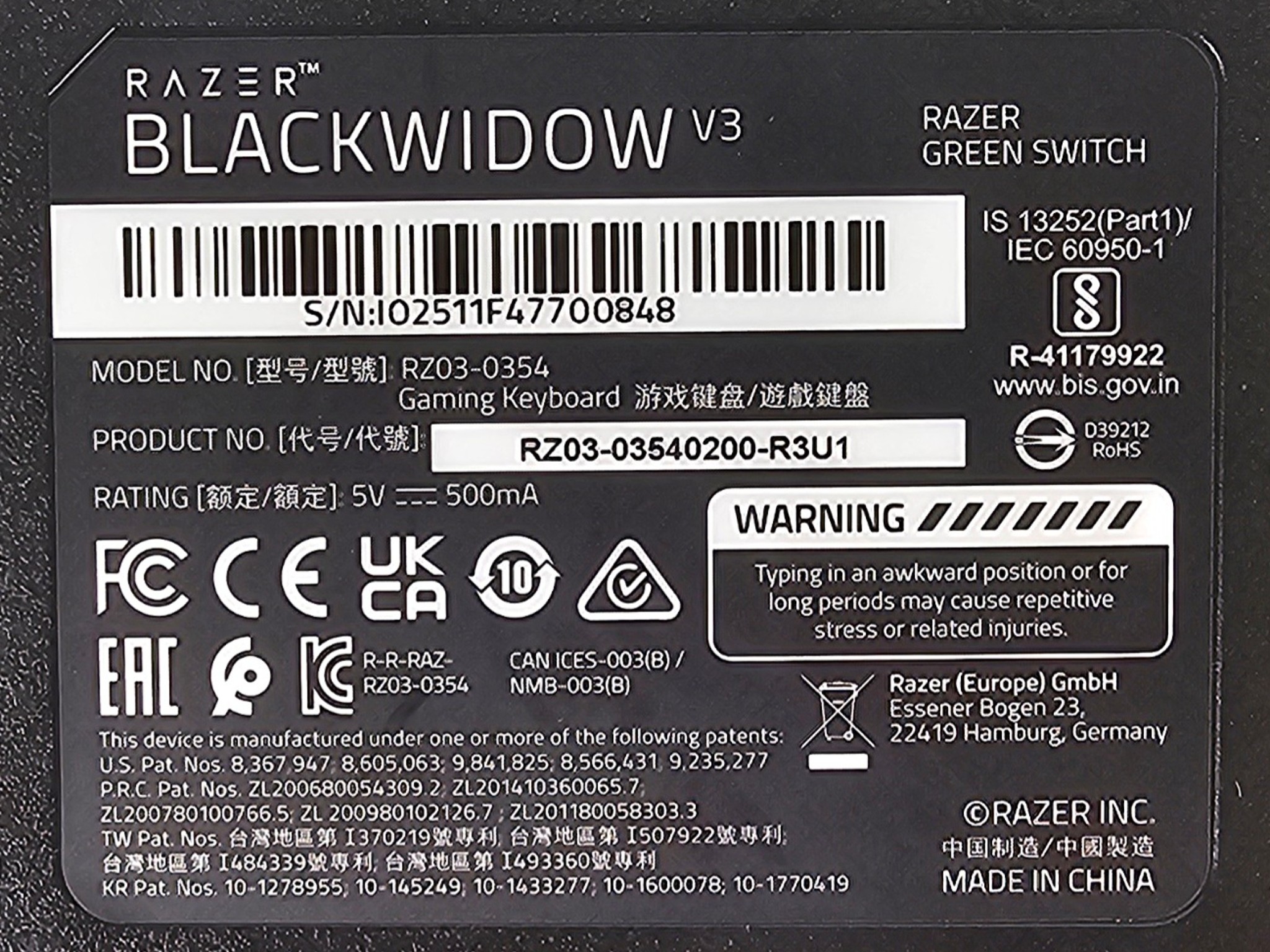 RAZER BLACKWIDOW V3 Green Switch Mechanical Gaming Keyboard
