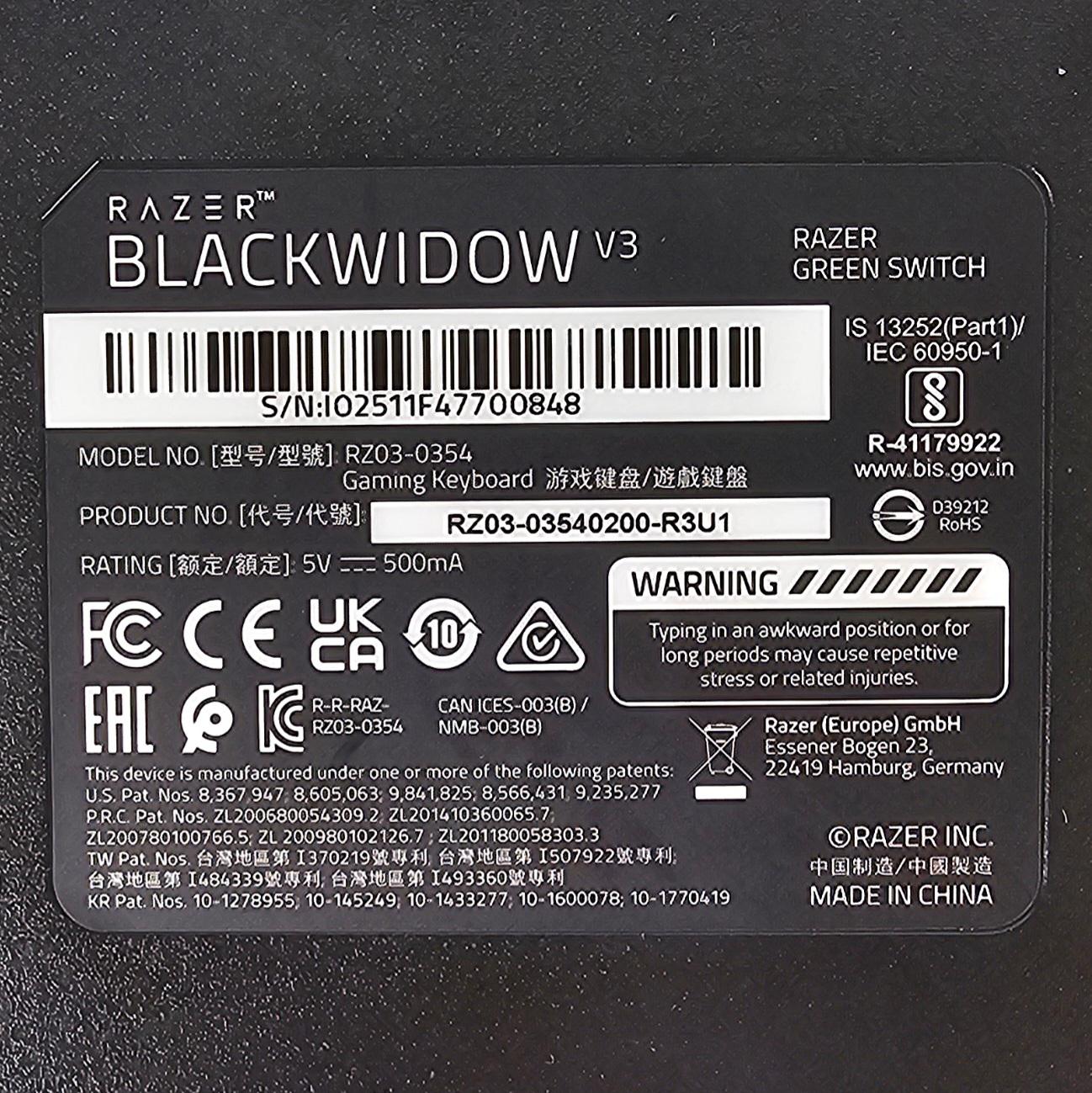 RAZER BLACKWIDOW V3 Green Switch Mechanical Gaming Keyboard