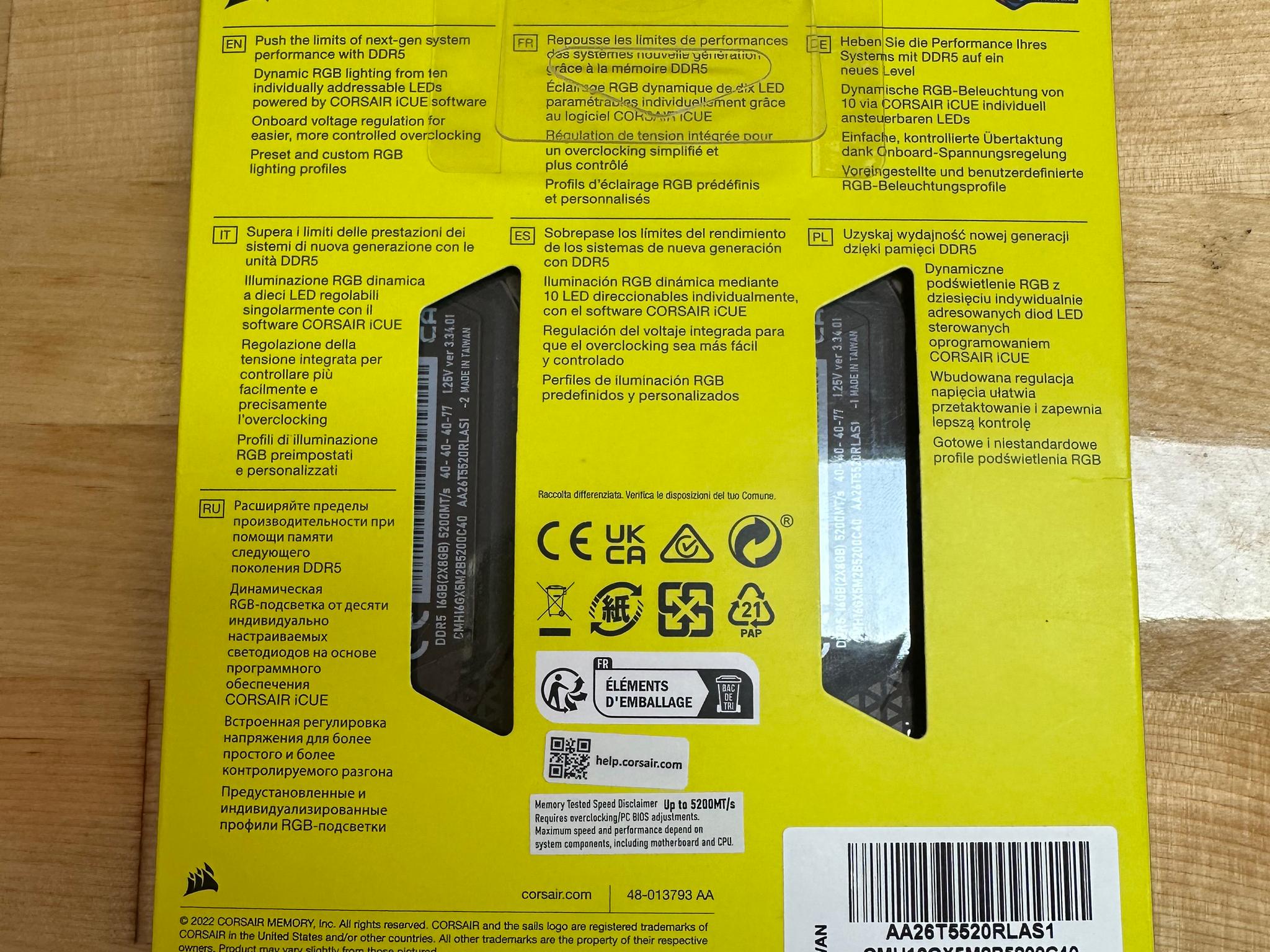 16GB DDR5 Corsair Vengeance RGB 5200mt/s