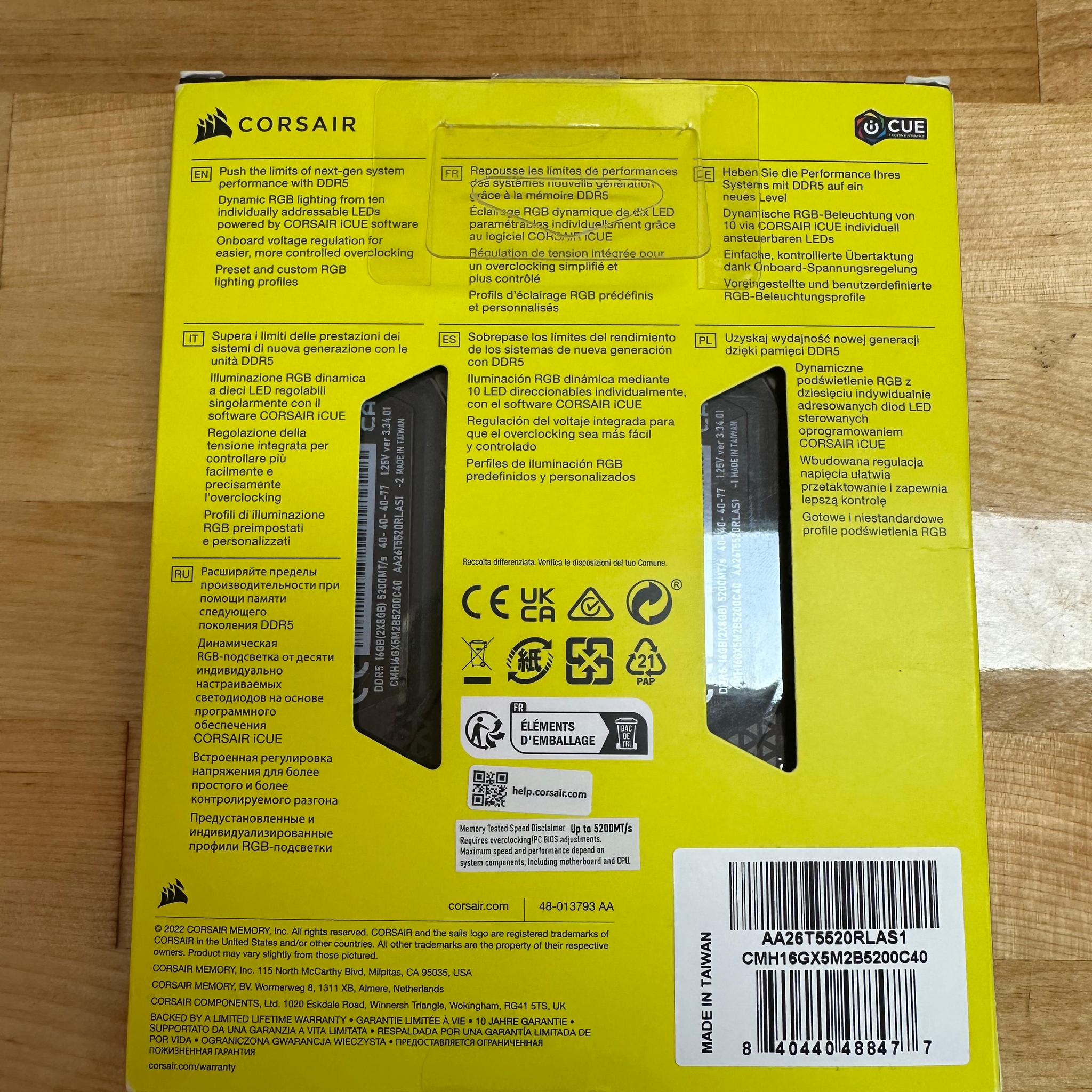 16GB DDR5 Corsair Vengeance RGB 5200mt/s