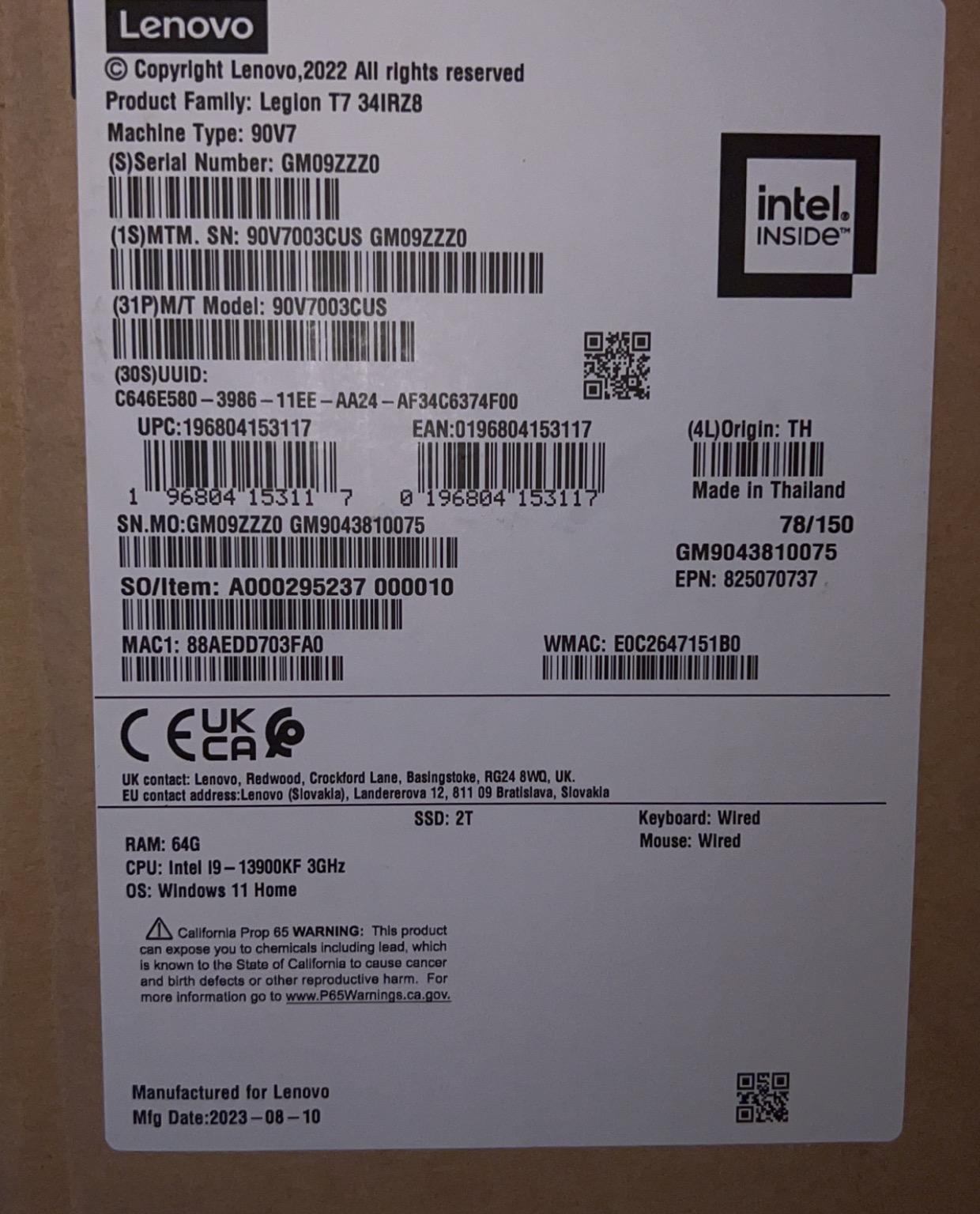 Lenovo Legion Tower 7i Gen 8 Desktop, i9-13900KF, RTX 4090, 64GB, 2TB, Win 11 Home , Keyboard ,Mouse
