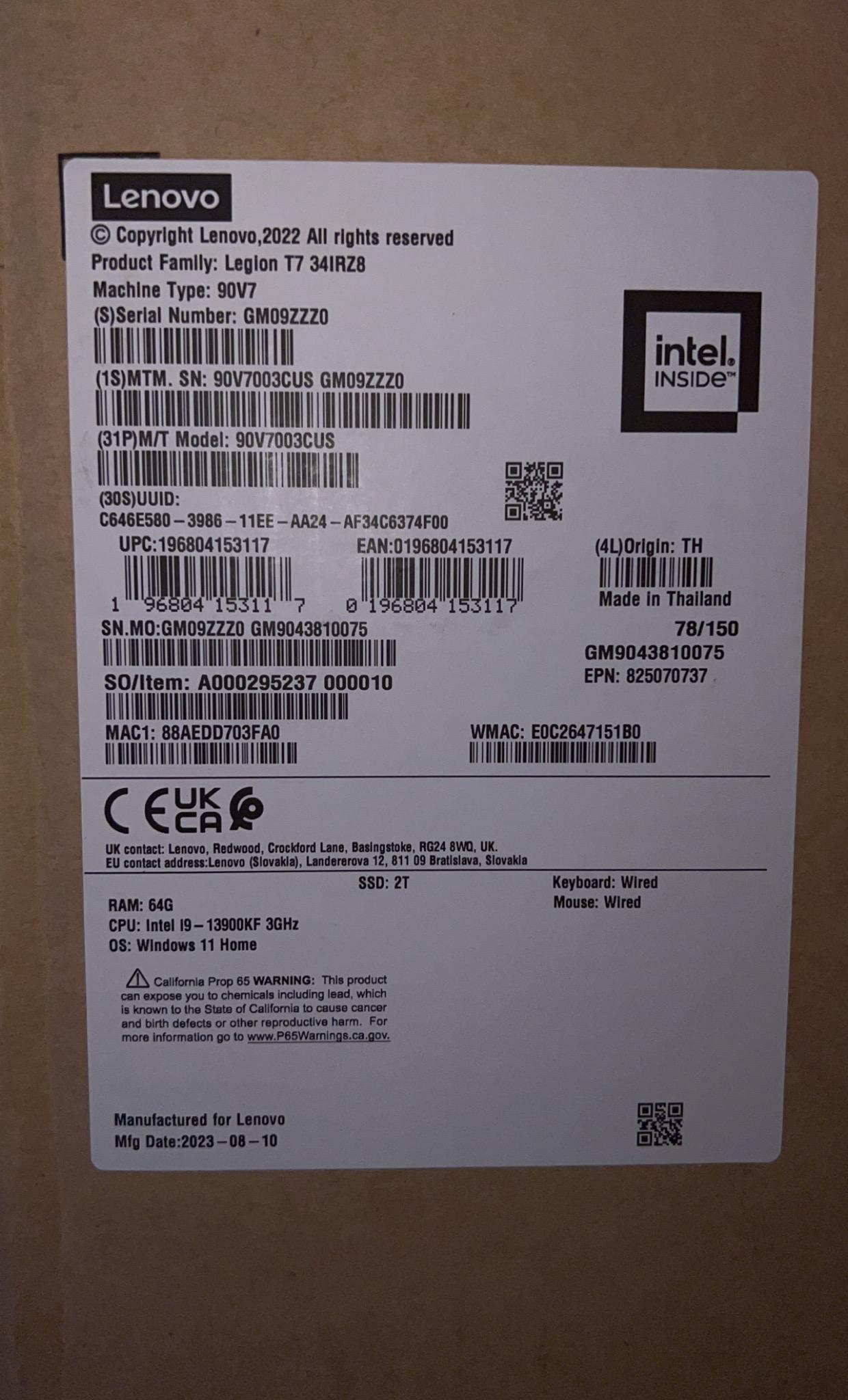 Lenovo Legion Tower 7i Gen 8 Desktop, i9-13900KF, RTX 4090, 64GB, 2TB, Win 11 Home , Keyboard ,Mouse