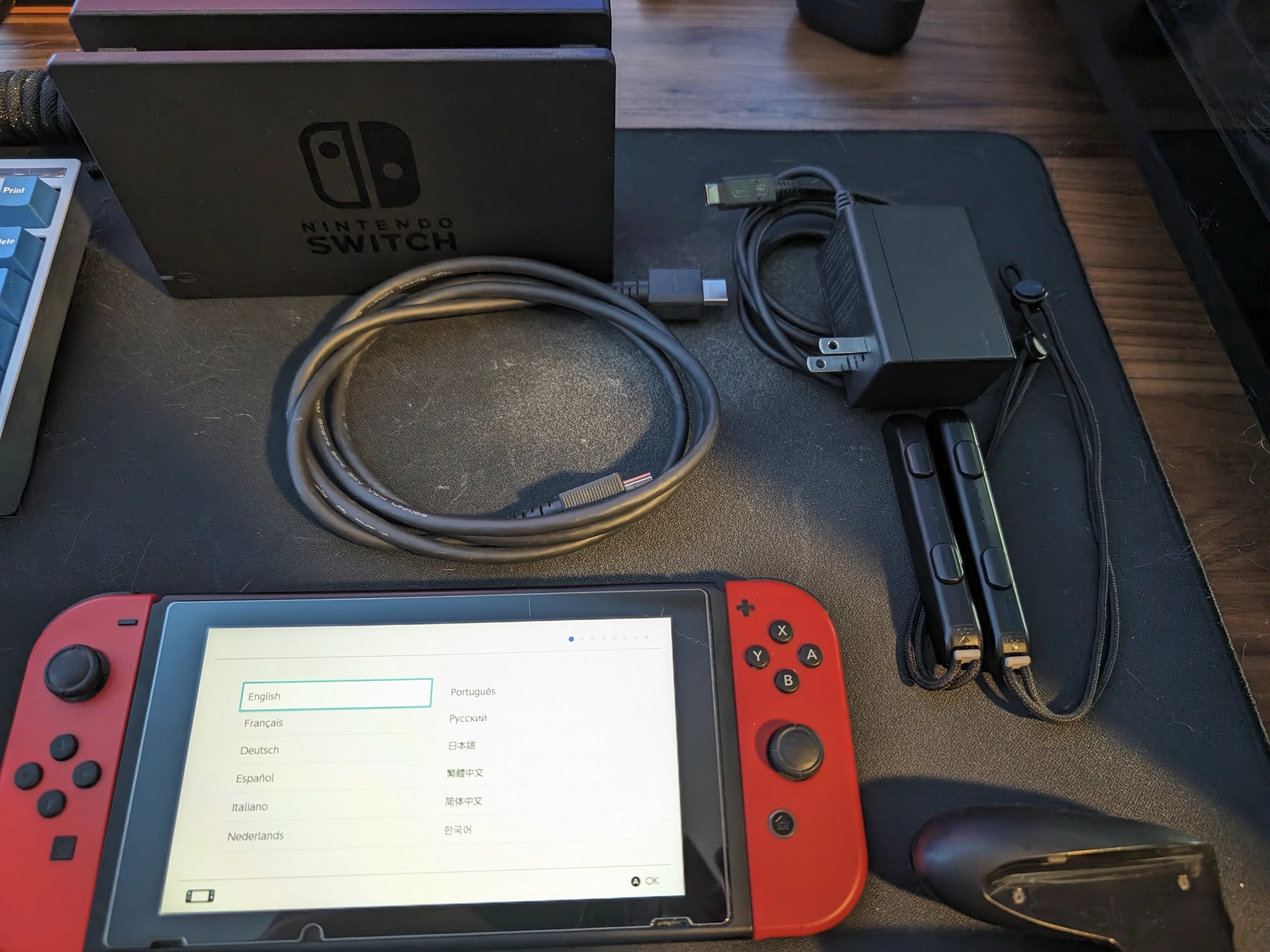 Nintendo Switch 32GB - All Original Accessories + Mario Red Joy Con Pair
