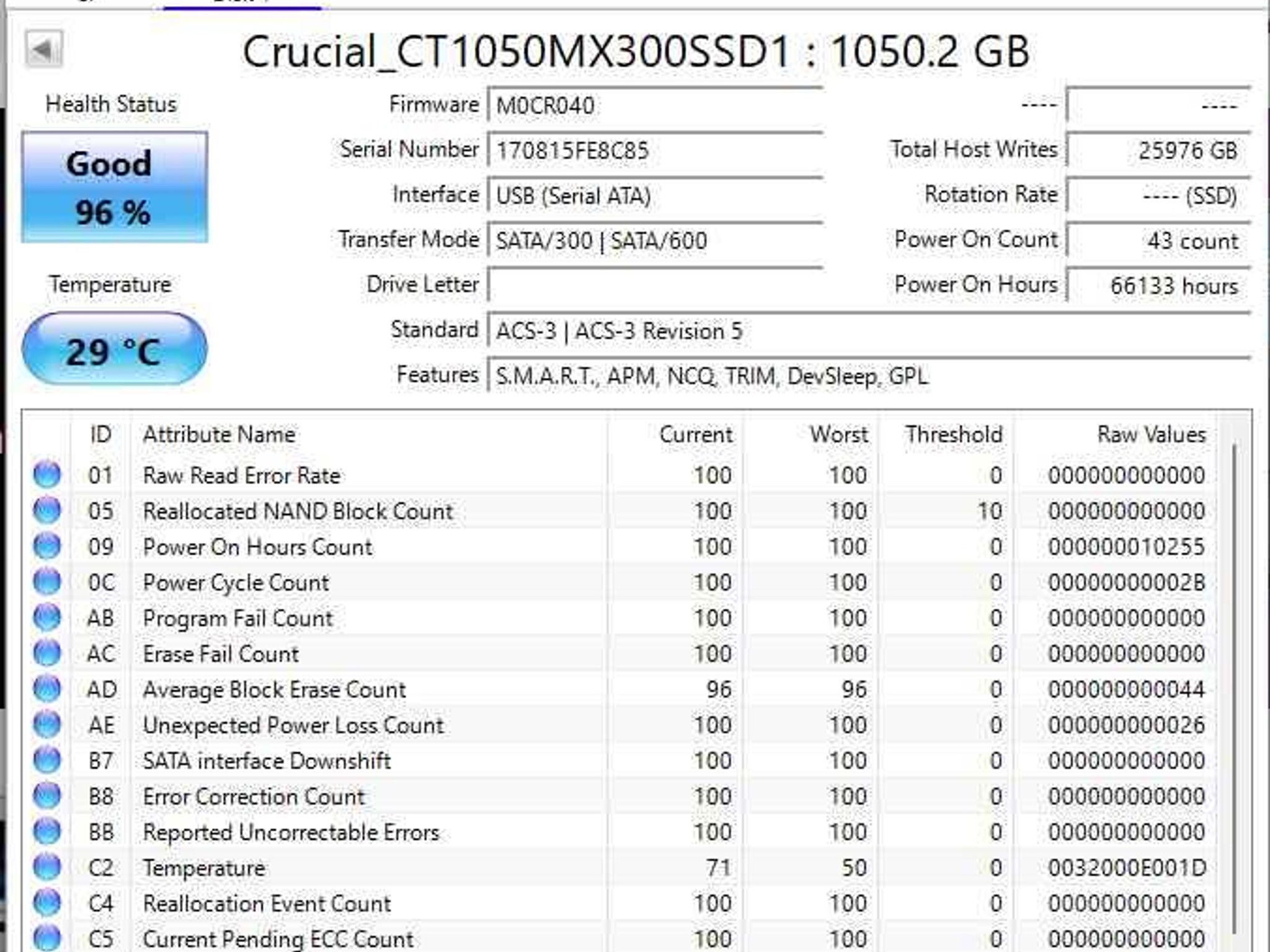 Crucial MX300/MX500 1TB SSD, Used