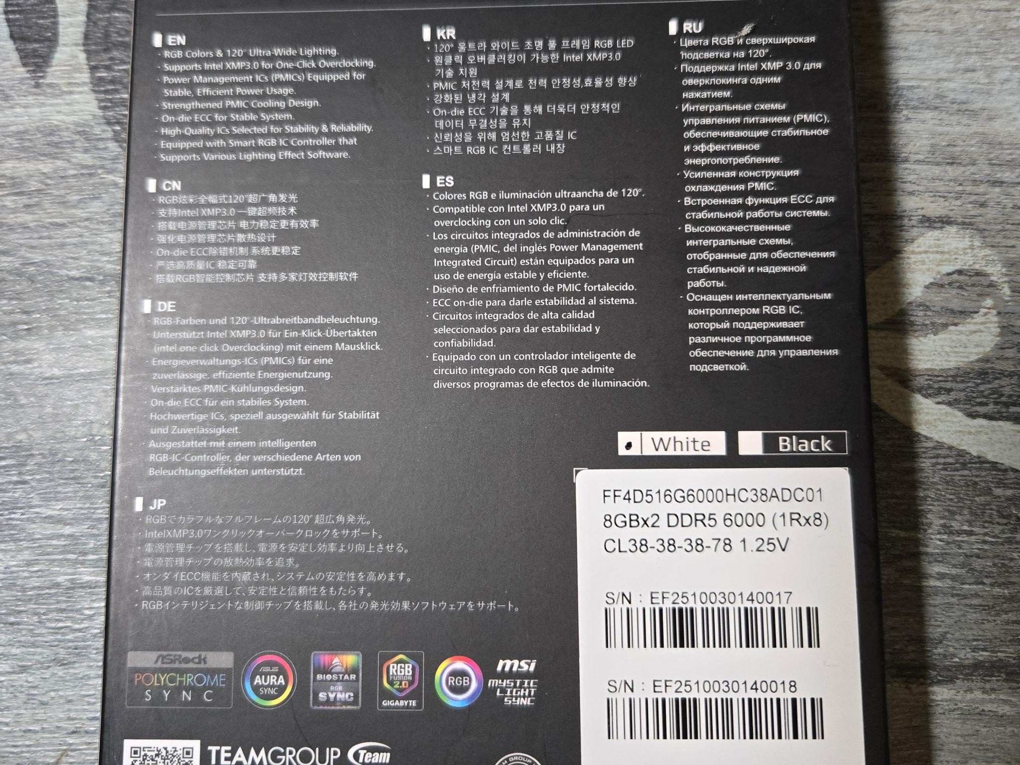 16gb (2x8)  T-Force White RGB, 6000MHz ,CL38