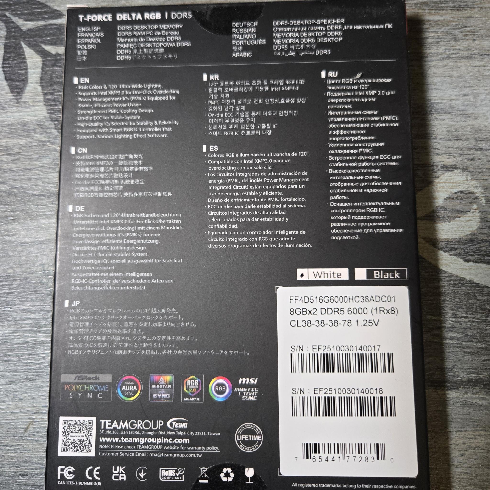 16gb (2x8)  T-Force White RGB, 6000MHz ,CL38