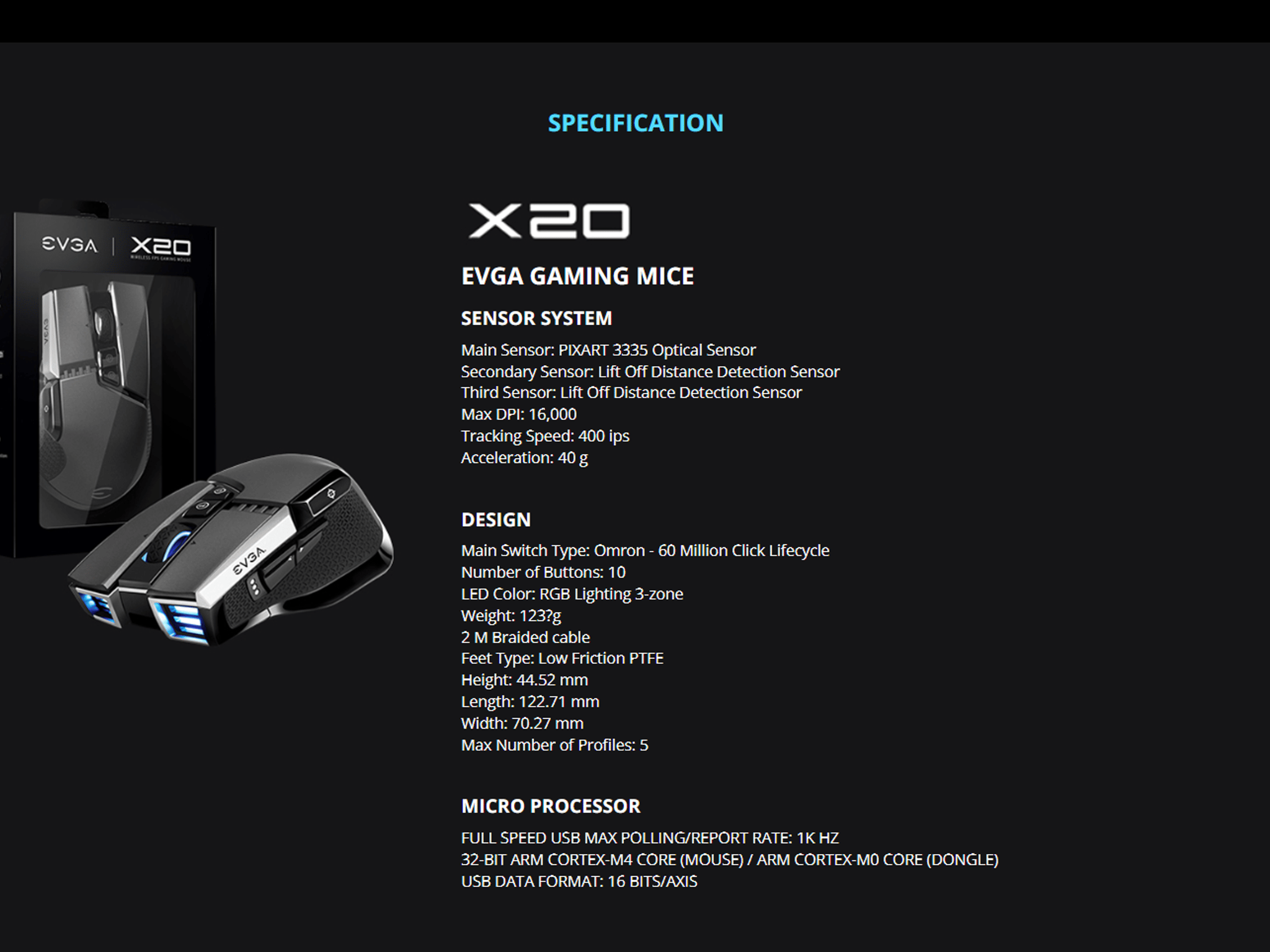 EVGA X20 Wireless Customizable Ergonomic Gaming Mouse, Grey, 16,000 DPI, 5 Profiles, 10 Buttons
